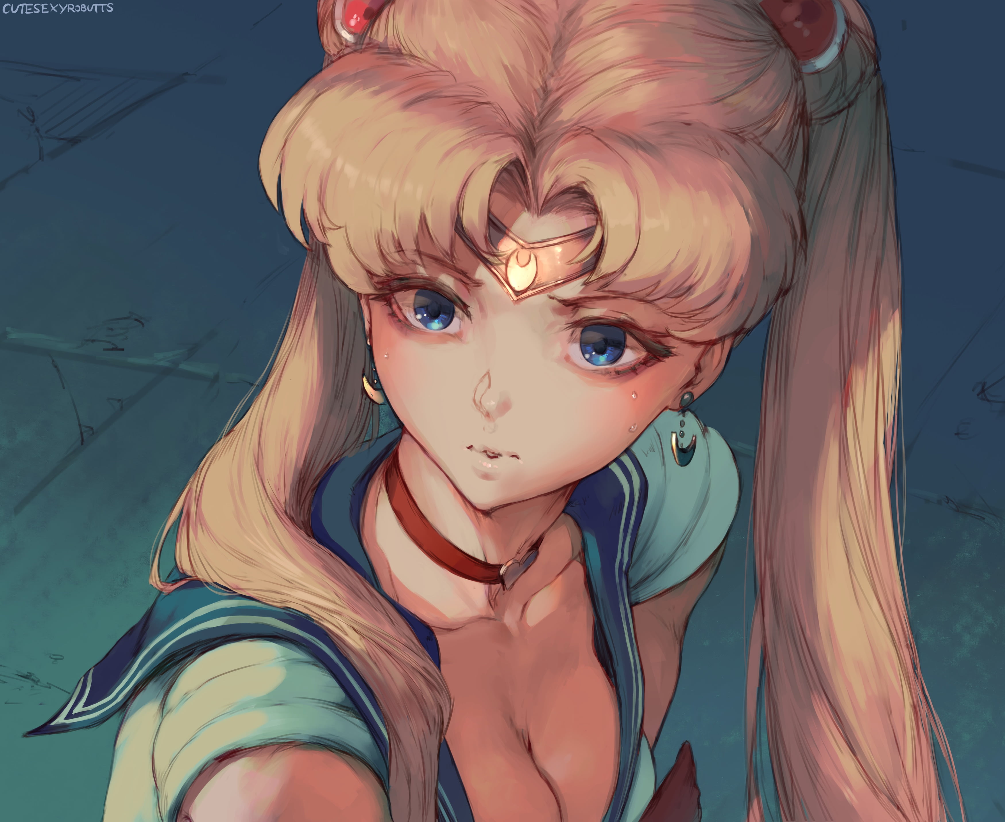 twintails, collar, 2K, cleavage, parody, long hair, cutesexyrobutts, blue eyes, Sailor Moon, Tsukino Usagi, choker, headband, blonde, school uniform, HD Wallpaper