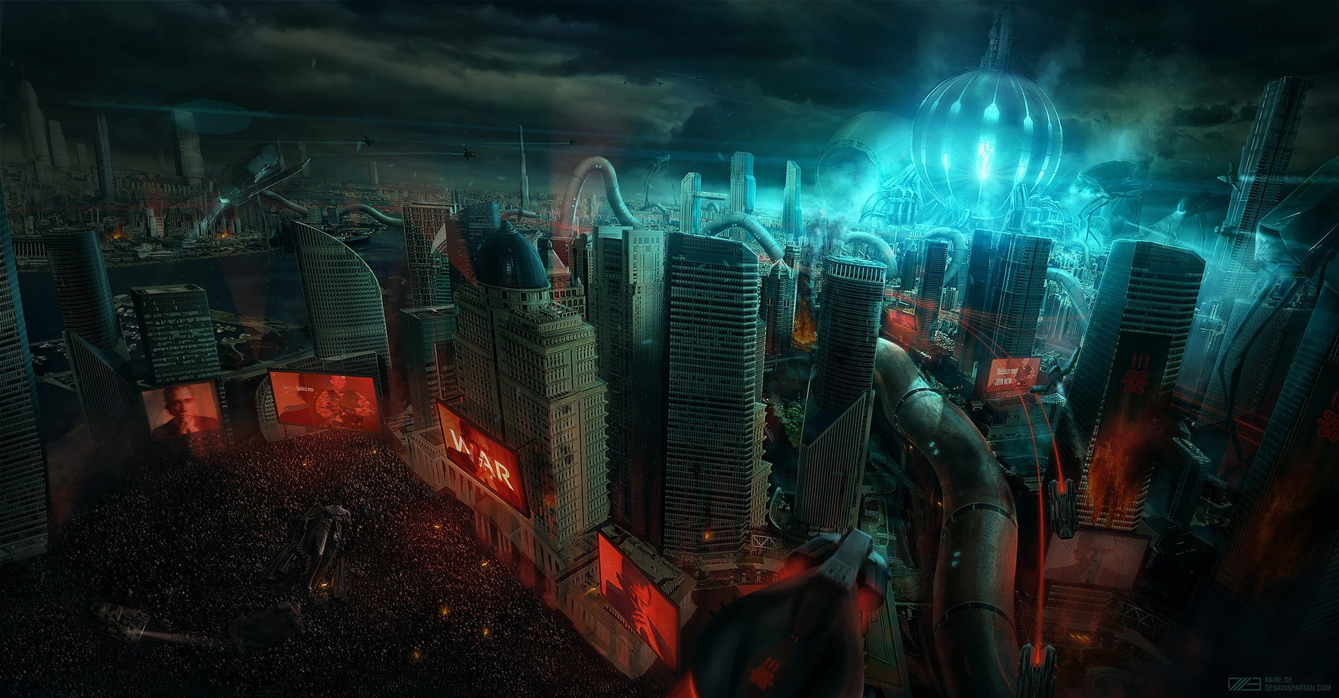 war, futuristic city, dark, city, robot, 1080P, science fiction, digital art, aliens, apocalyptic, HD Wallpaper