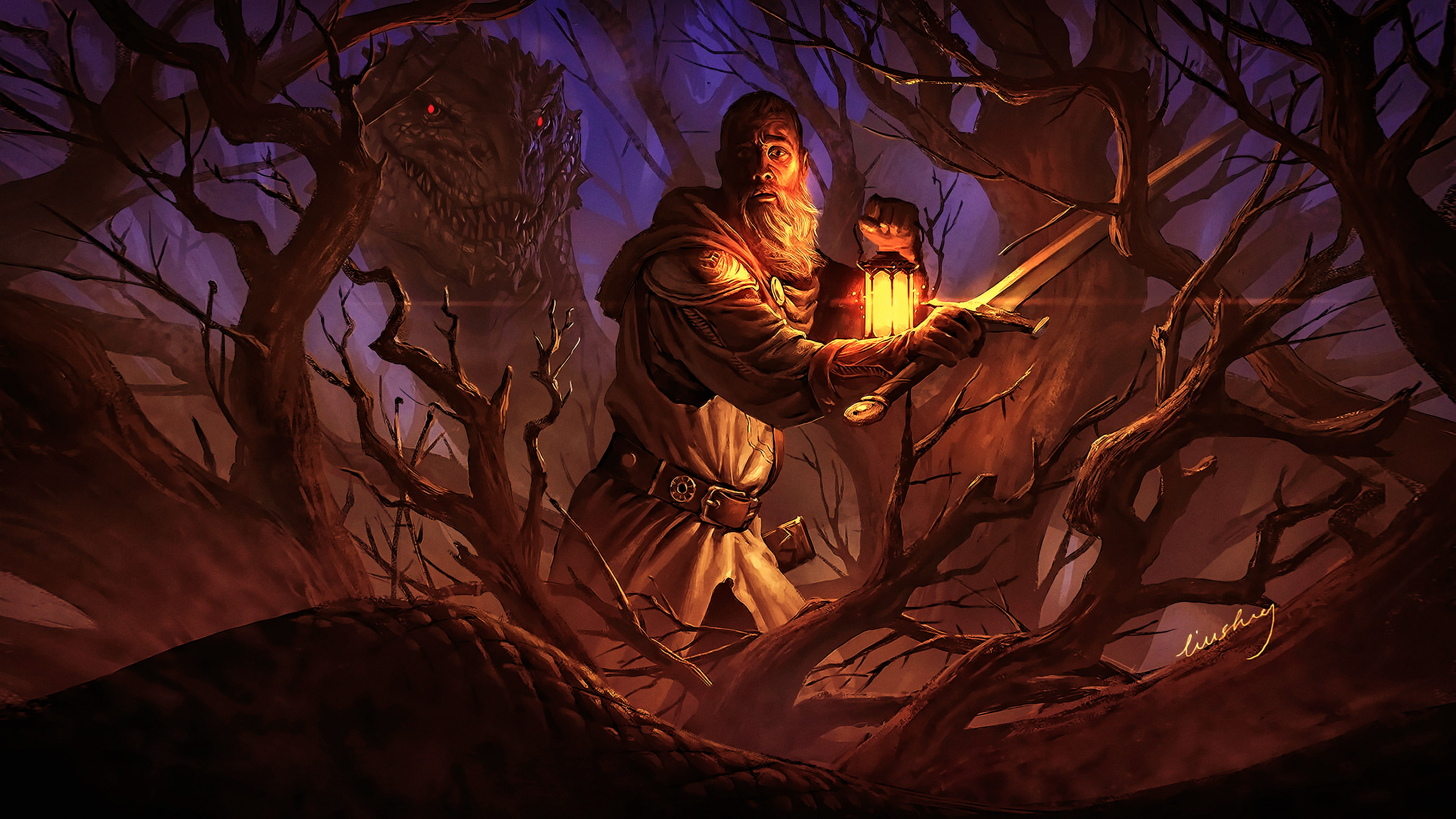 fantasy art, concept art, dragon, 4K, artwork, trees, digital art, fan art, HD Wallpaper