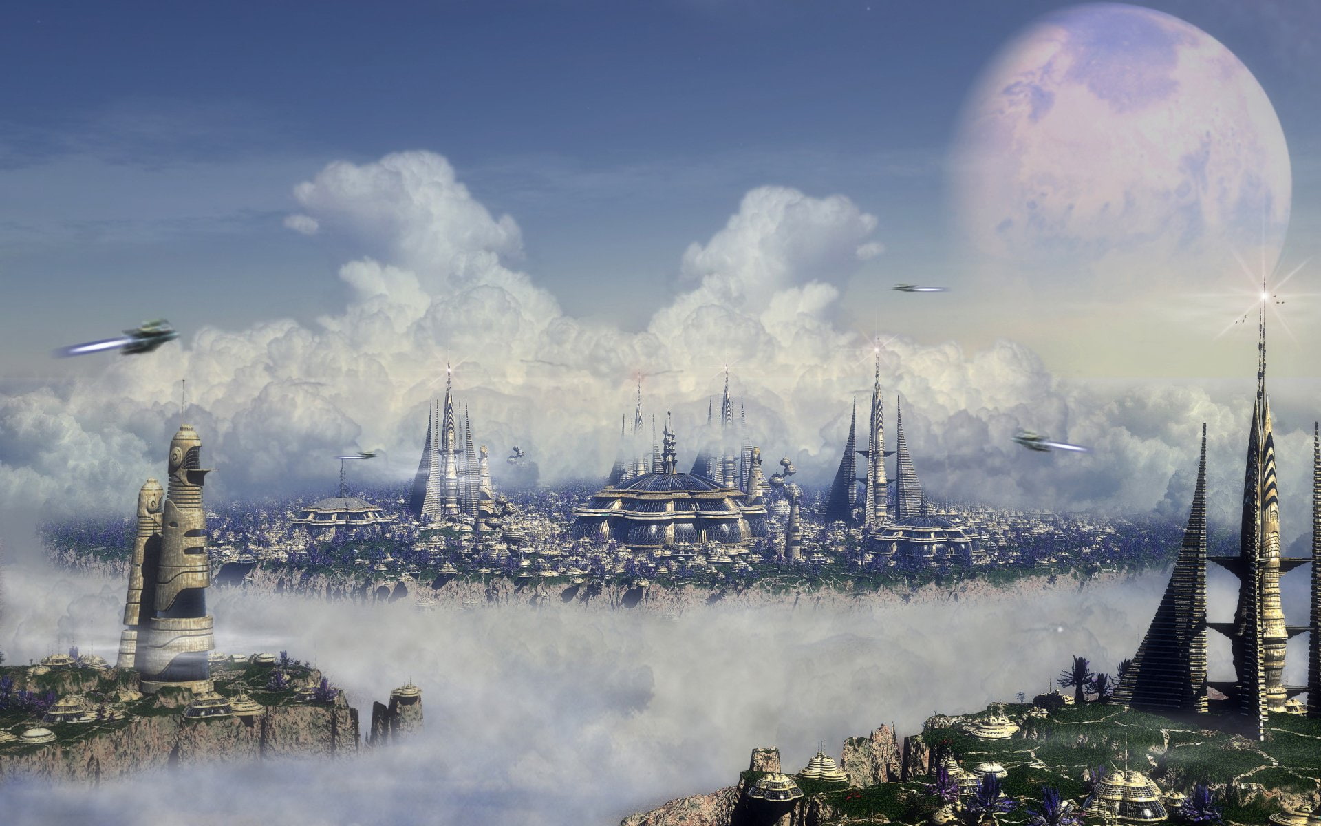 Cloud, Sci Fi, Planet, Ship, floating, City, 1080P, HD Wallpaper