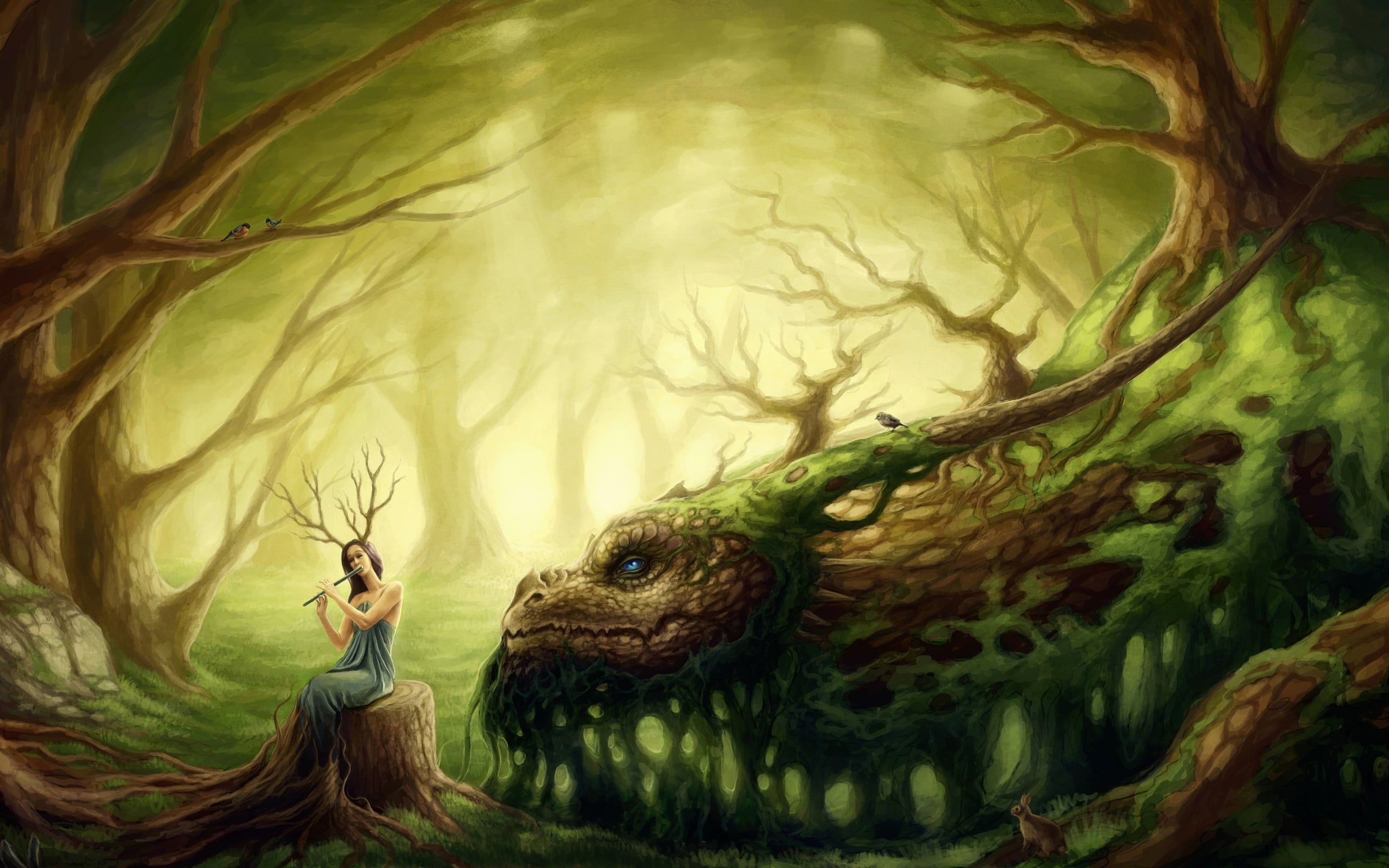 trees, animals in the wild, adult, portrait, branch, dragon, nature, green color, plant, fairy tale, one animal, women, animal wildlife, outdoors, vertebrate, HD Wallpaper