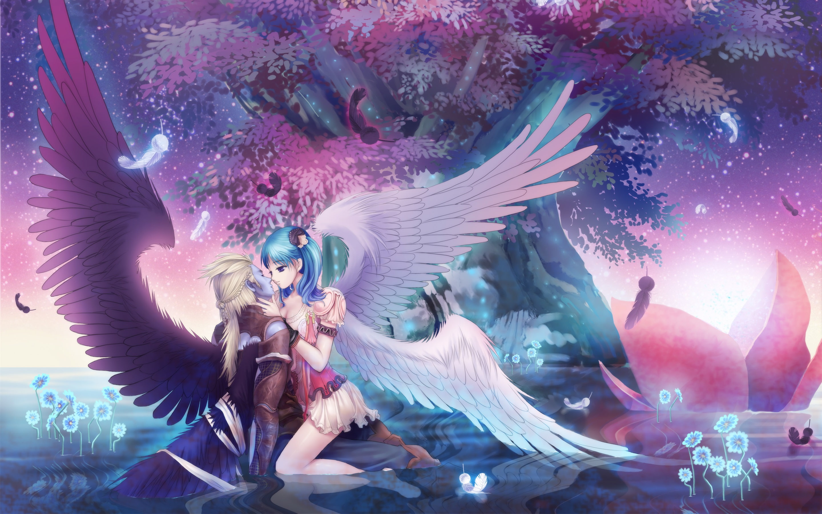 Lover, Night, Angel, 2K, Tree, Girl, Her, Anime, HD Wallpaper
