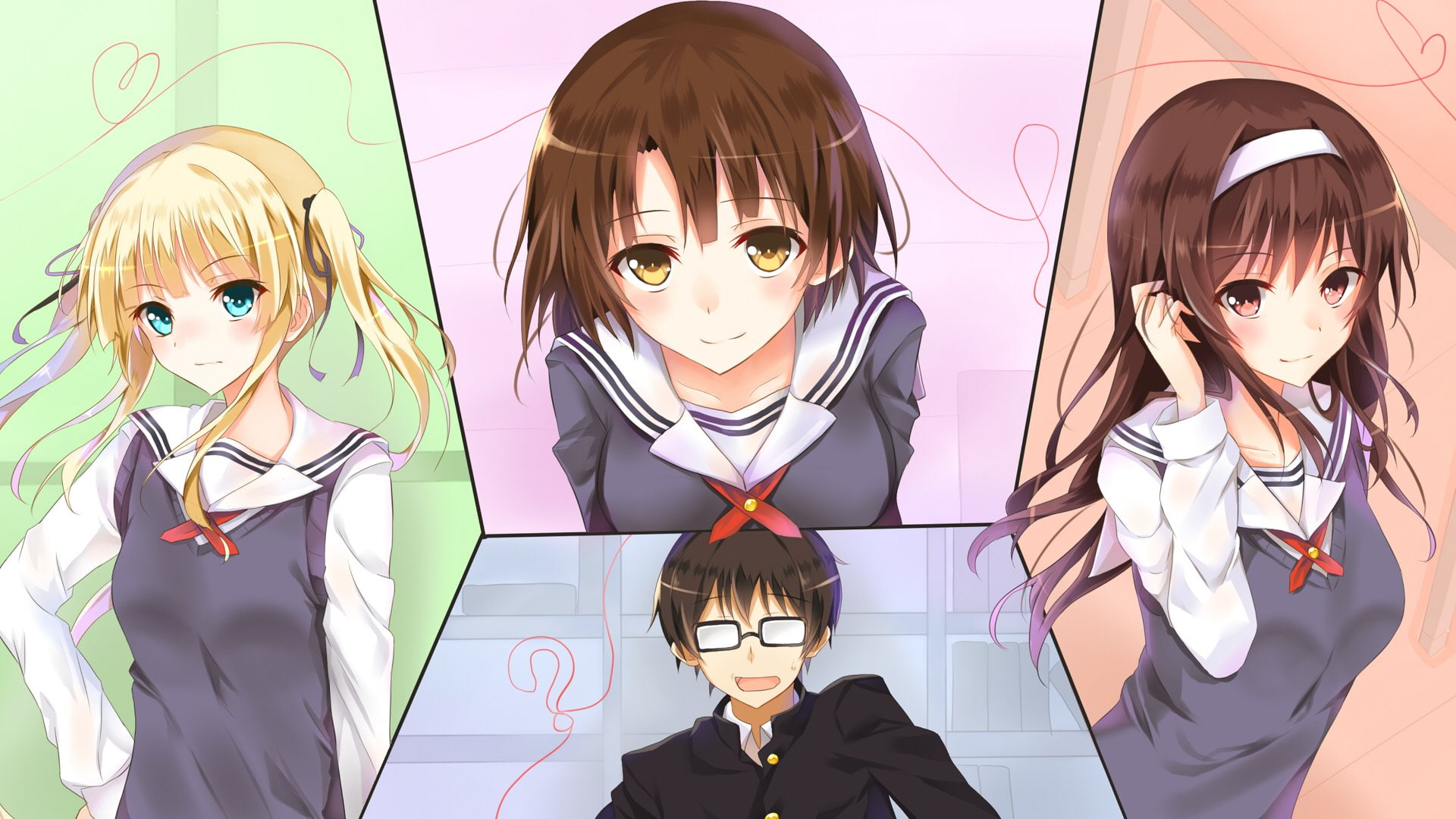 Purple Hair, Blue Eyes, Blush, child, coworker, childhood, Saekano: How to Raise a Boring Girlfriend, Red Eyes, 1080P, small group of people, friendship, HD Wallpaper