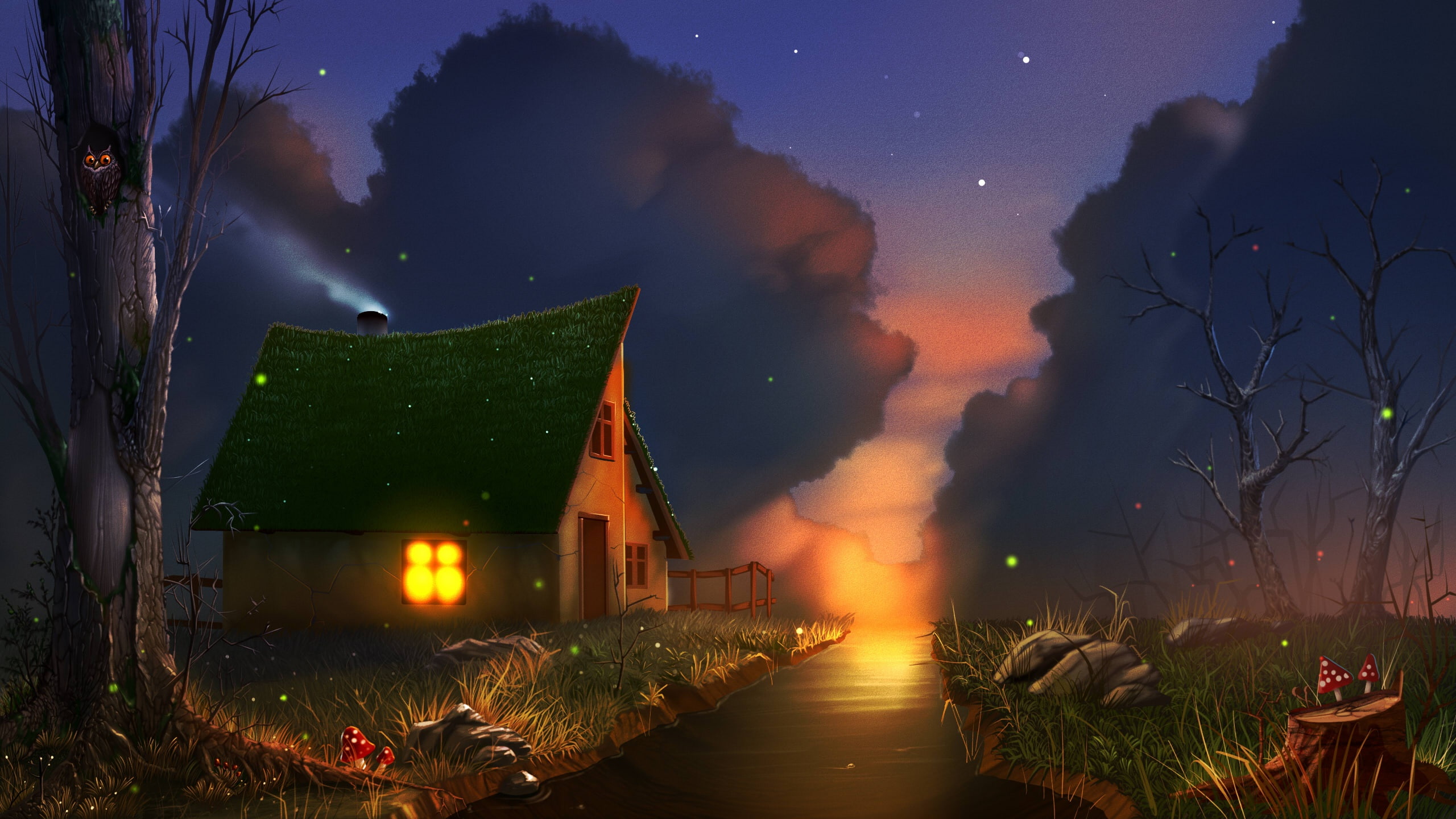 Lepri, stream, stones, in the hollow, sunset, art, fireflies, Amanita, the light in the window, dead tree, owl, wooden house, starry sky, the smoke from the chimney, HD Wallpaper