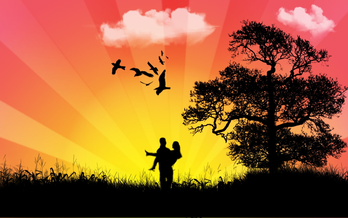 hd, BIRDS, silhouette, cg, man, 720P, Clouds, silhouettes, lovers, abstract, art, d, grass, HD Wallpaper