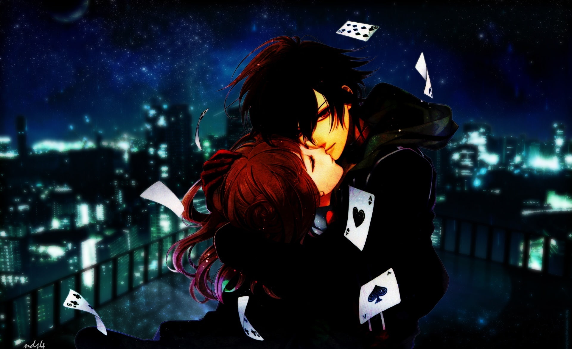 togetherness, Cards, 1080P, waist up, focus on foreground, three quarter length, Kiss, people, architecture, men, love, women, standing, illuminated, outdoors, HD Wallpaper