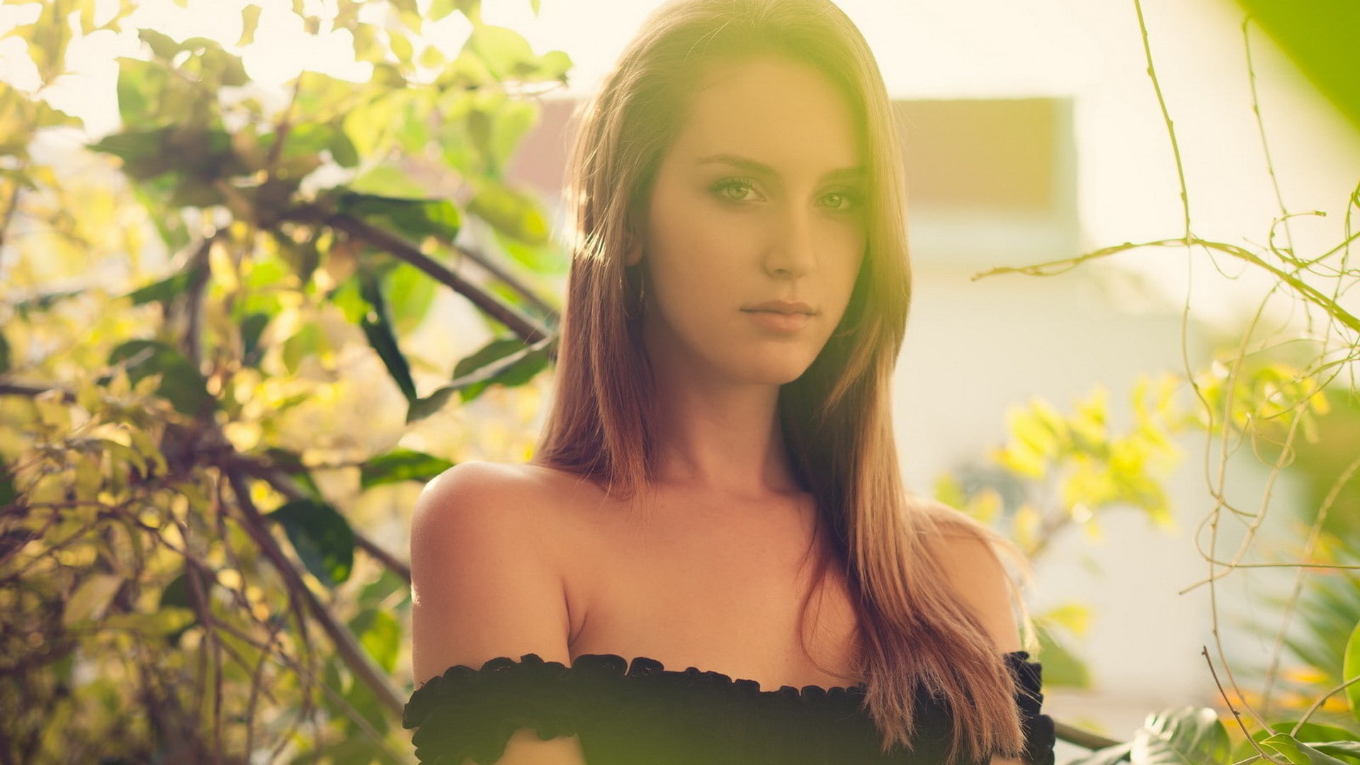 adult, day, bare shoulders, hairstyle, looking at viewer, 1080P, women, beauty, overexposed, headshot, long hair, front view, contemplation, plant, portrait, HD Wallpaper