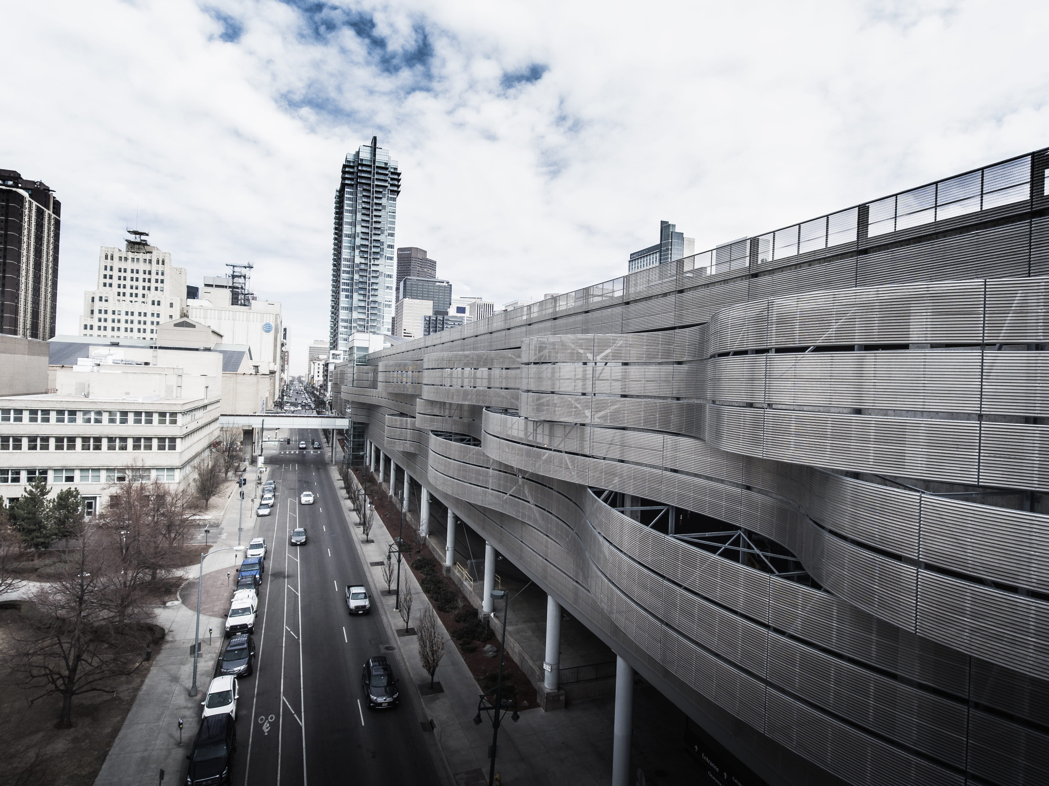 built structure, tall - high, building, no people, cityscape, car, transportation, drone, moody, denver, modern, building exterior, connection, cloud - sky, HD Wallpaper