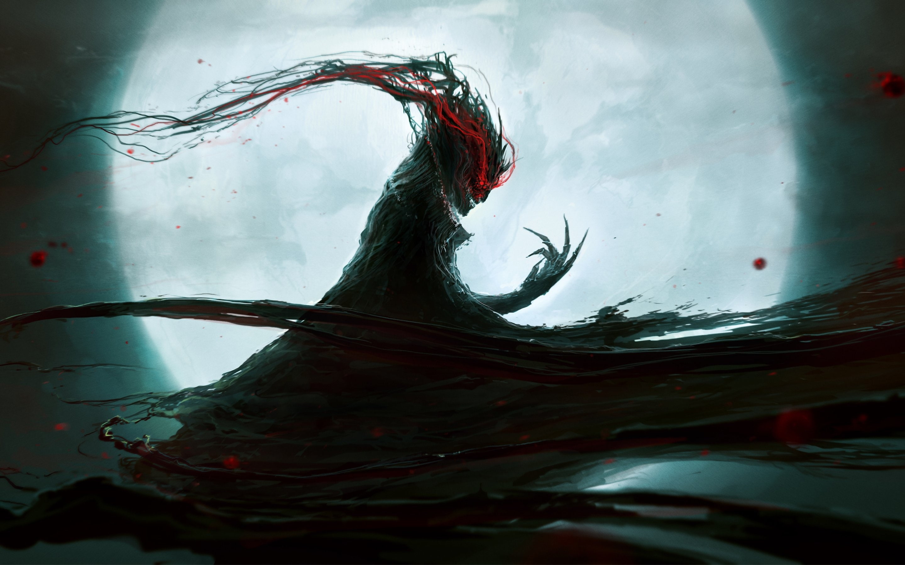 blood, waterfront, dark power, long hair, motion, close-up, day, one person, swimming, Fantasy, hairstyle, hair, fantasy creature, women, moon, 2K, demon, HD Wallpaper