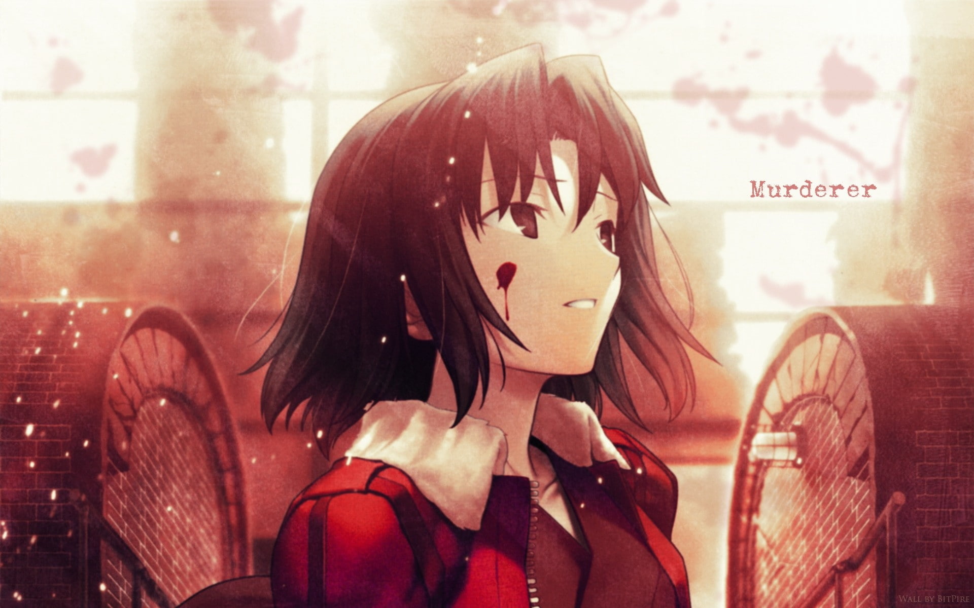 kyoukai, kara, eyes, jackets, blood, typemoon, text, brunettes, brown, space, shiki, hd, art, hair, short, red, 1080P, Kara no Kyoukai, ryougi, anime, HD Wallpaper