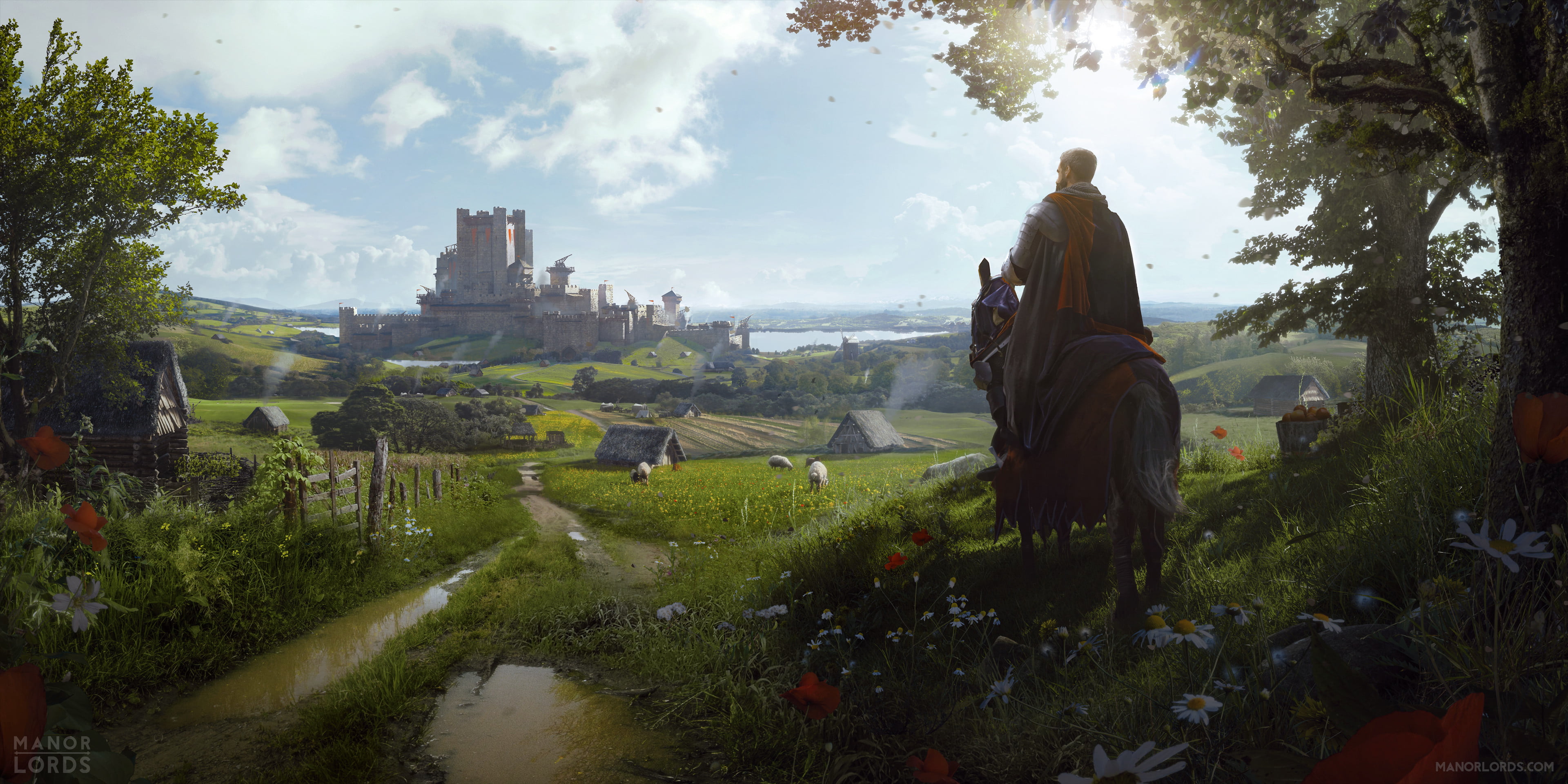 grass, Wojtek Fus, landscape, horse, sky, flowers, drawing, castle, medieval, puddle, 4K, trees, men, sheep, road, HD Wallpaper
