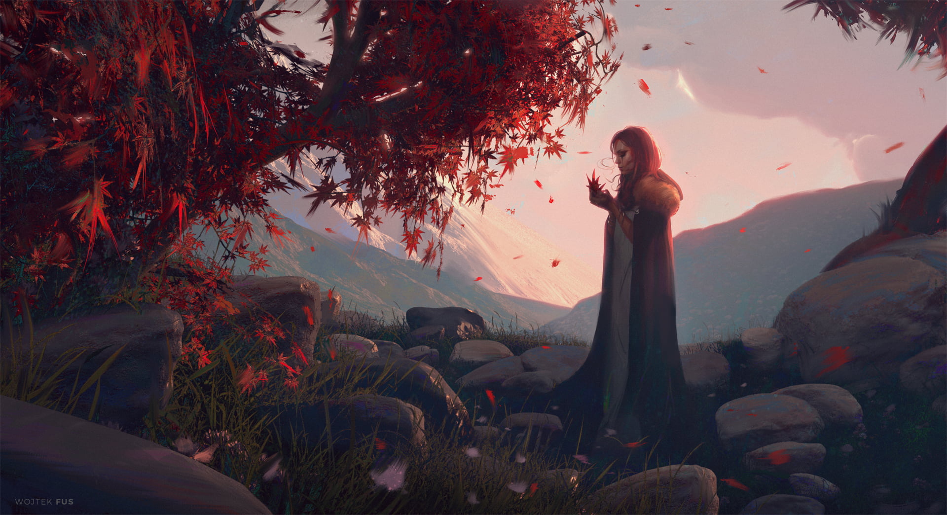 side view, trees, digital art, fallen leaves, coats, fall, looking below, fur coats, rocks, profile, fantasy art, artwork, mountains, redhead, Wojtek Fus, HD Wallpaper