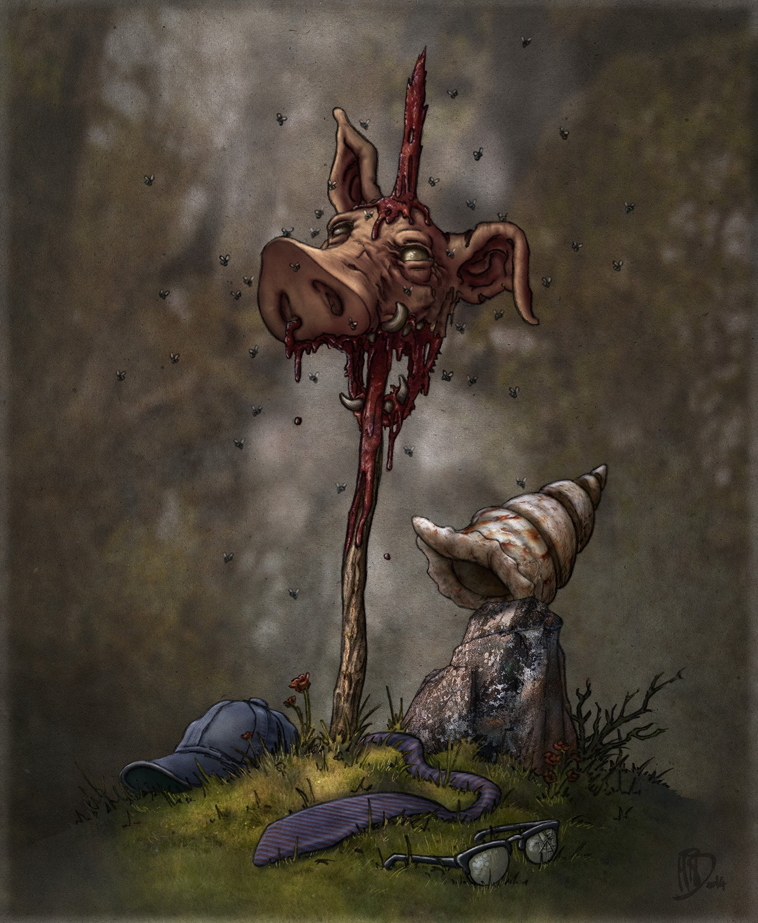 720P, Miguel Iturbe, flies, artwork, pigs, Lord of the Flies, fantasy art, Phone HD Wallpaper