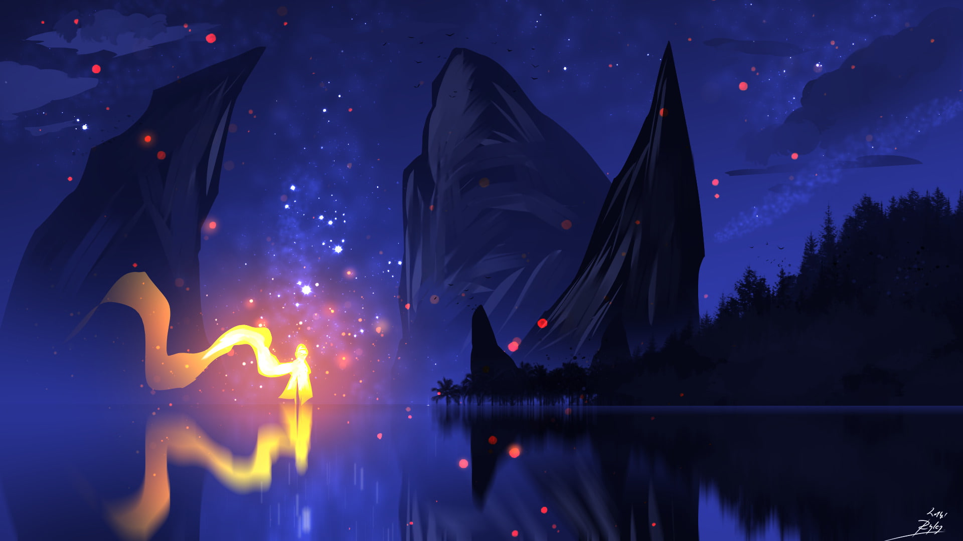 Night, Light, Mountain, Fantasy, Landscape, Lake, 1080P, Reflection, Spirit, Water, HD Wallpaper