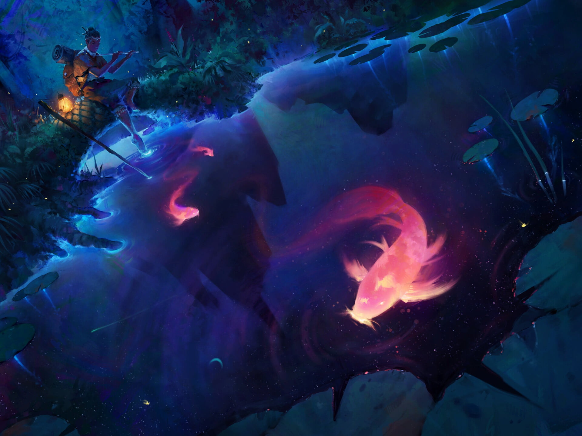 Man, Spirit, Animal, Fantasy Animals, Water, Night, 1080P, Fish, HD Wallpaper