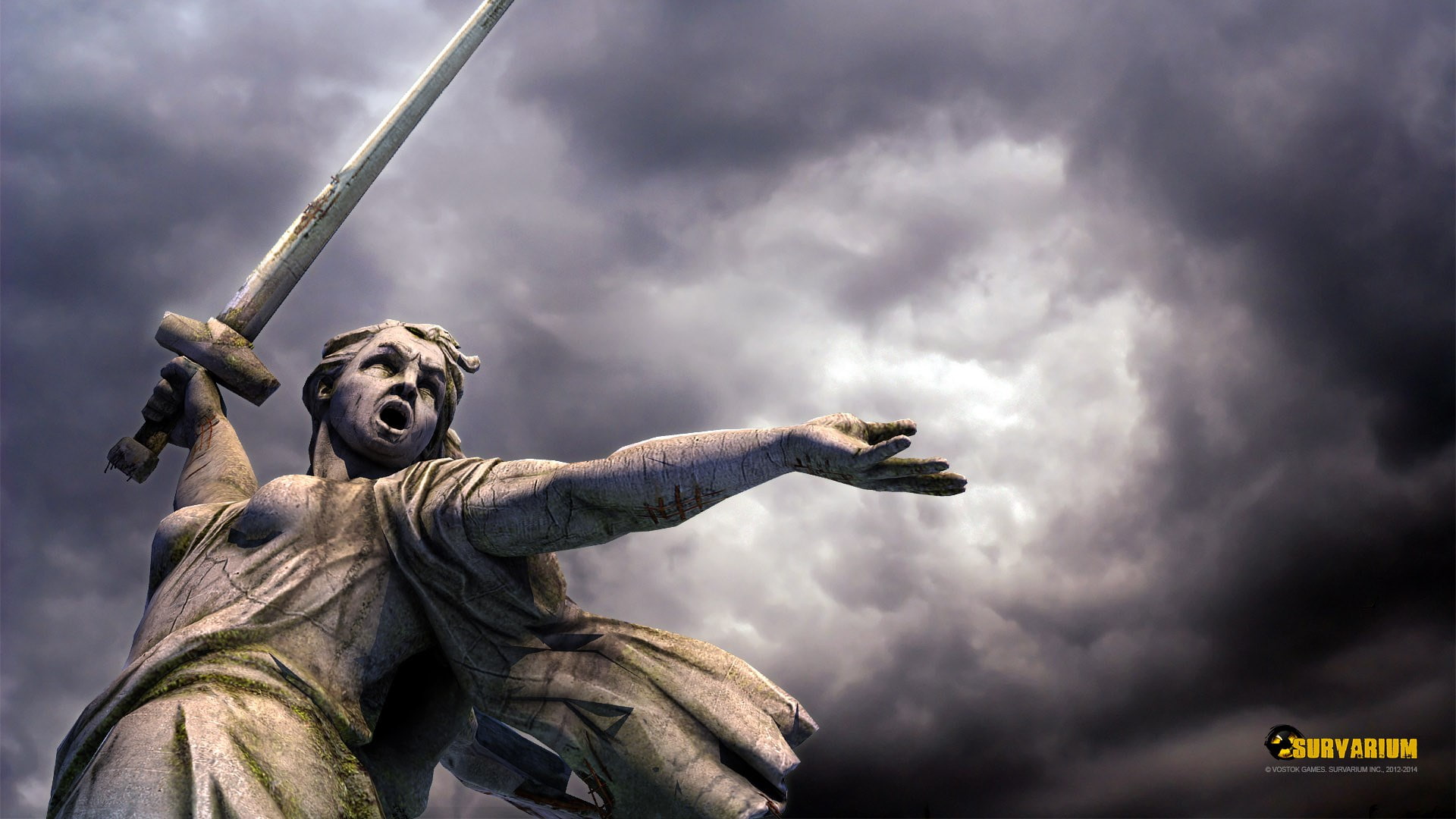 low angle view, architecture, human representation, sky, male likeness, statue, no people, weapon, history, cloudscape, sculpture, survarium, 1080P, dramatic sky, HD Wallpaper
