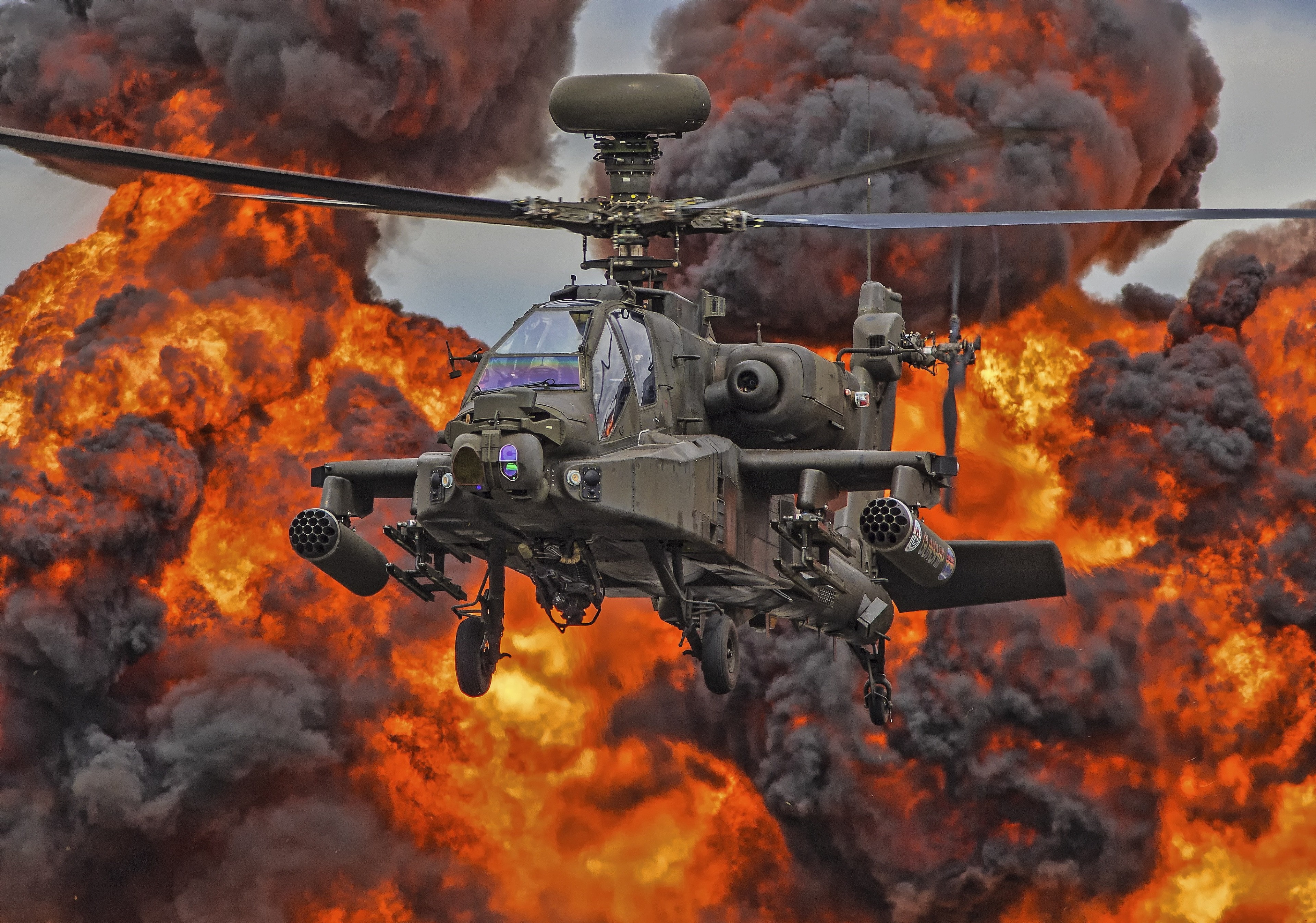aggression, military, burning, smoke - physical structure, outdoors, armed forces, boeing ah 64 apache 4k high resolution  widescreen, day, orange color, HD Wallpaper
