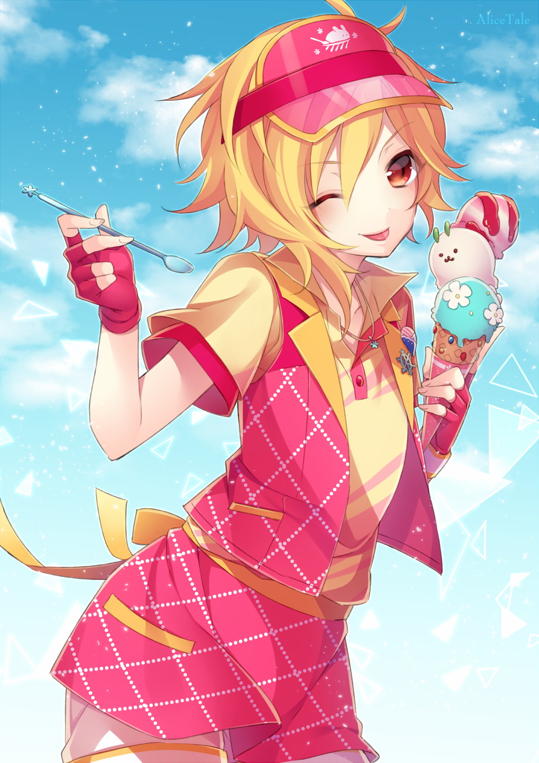 fashion, one person, ice cream, adult, short hair, women, anime girls, sky, clouds, nature, females, sunglasses, cloud - sky, smiling, blonde, 720P, red eyes, Phone HD Wallpaper