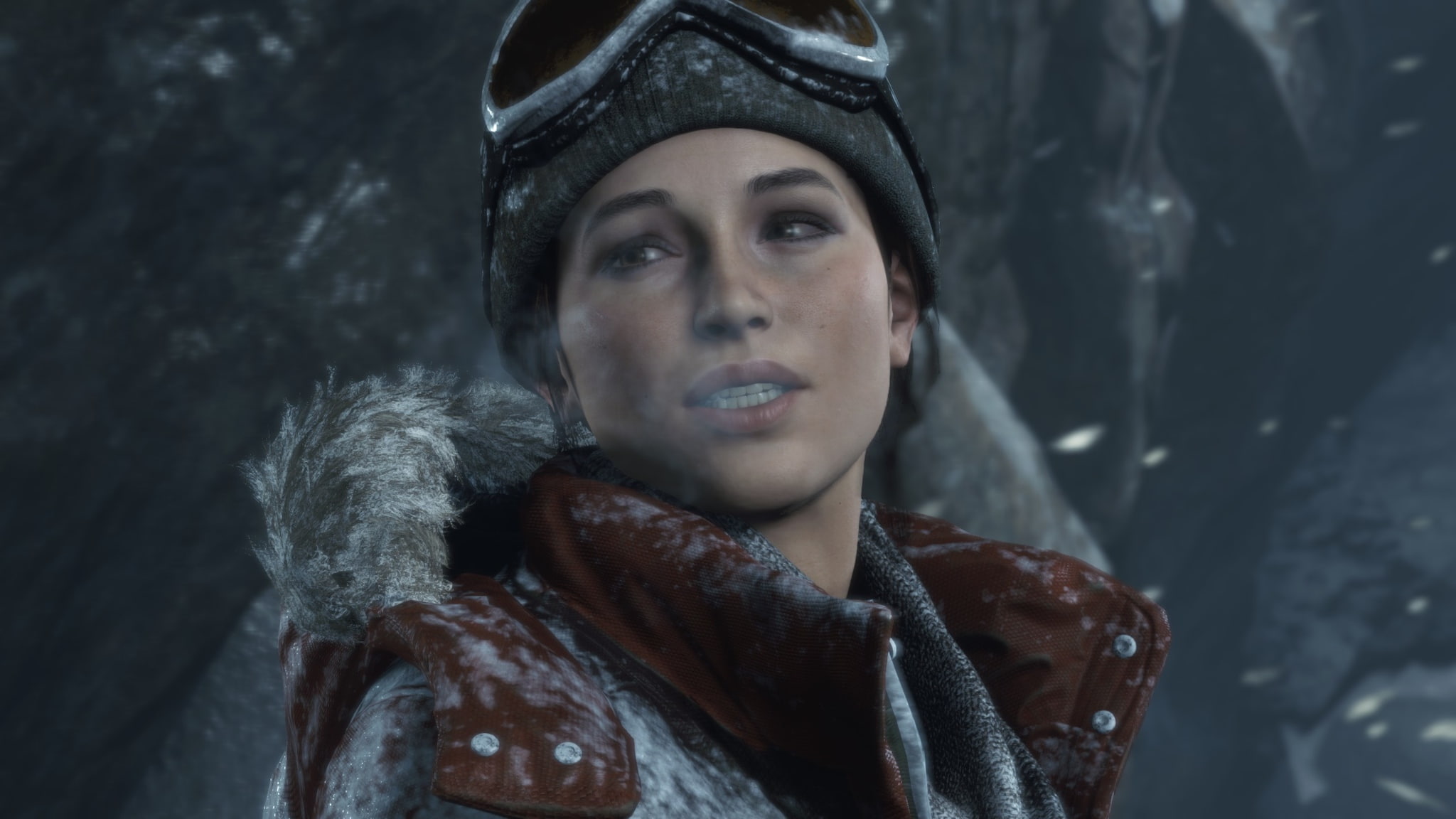 Lara Croft, clothing, coat, contemplation, adult, looking at camera, hair, snow, looking, video games, winter, 1080P, dark, headshot, cold temperature, HD Wallpaper