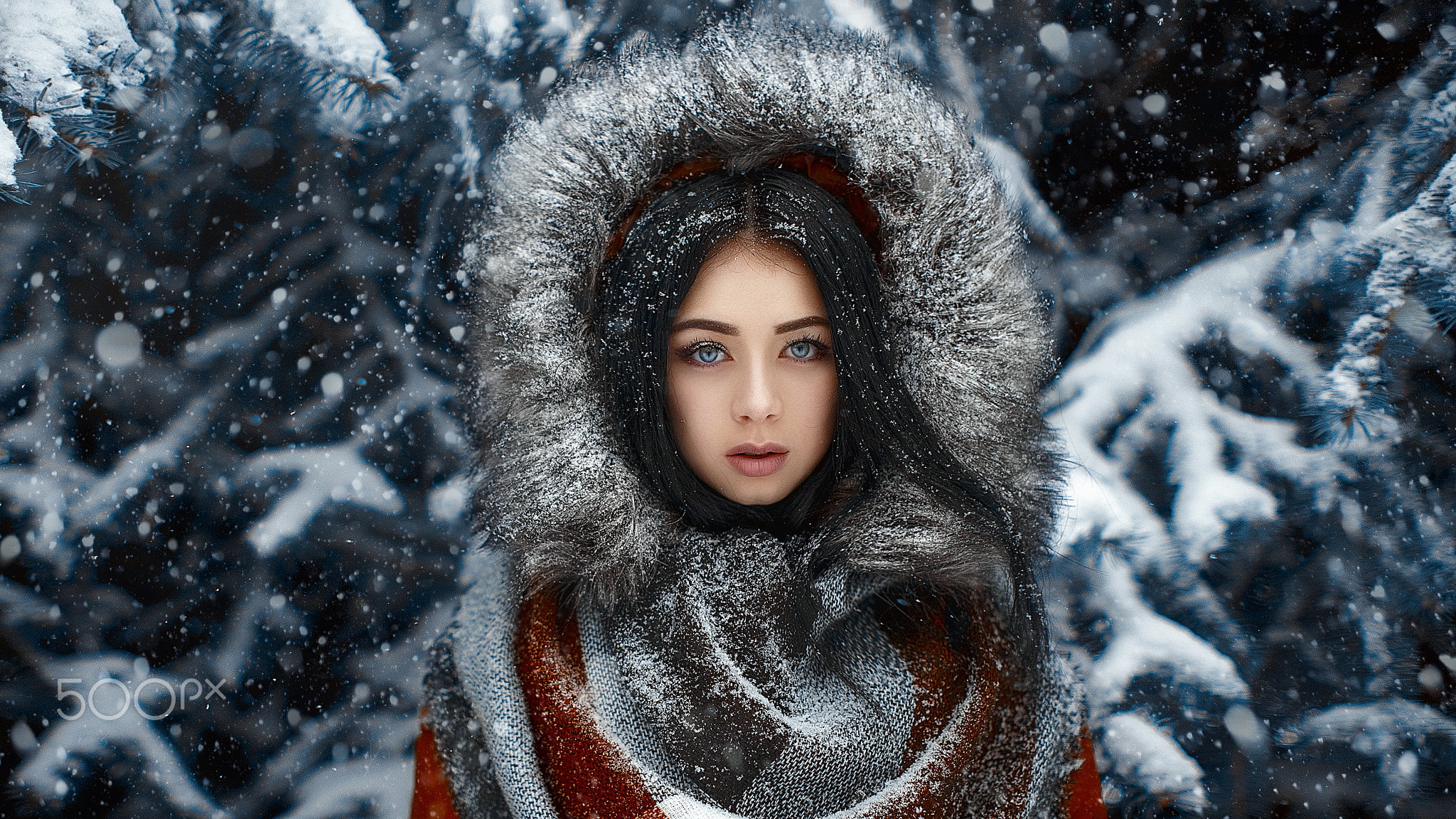1080P, black hair, warm clothing, frozen, outdoors, teenager, beautiful woman, red coat, women, beauty, clothing, young adult, extreme weather, snow, headshot, HD Wallpaper