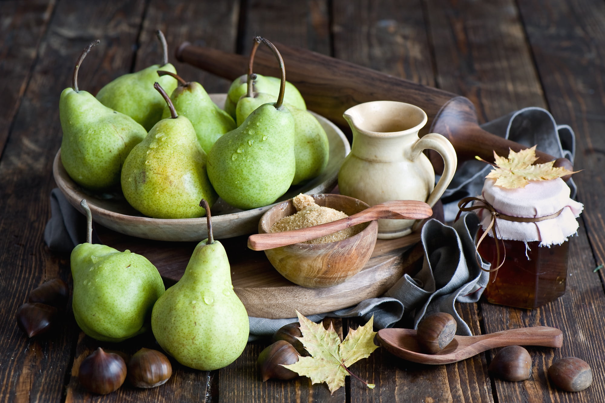 pear, chestnuts, indoors, healthy eating, table, food, green color, close-up, 1080P, kitchen utensil, bunch, food and drink, still life, fruit, freshness, HD Wallpaper