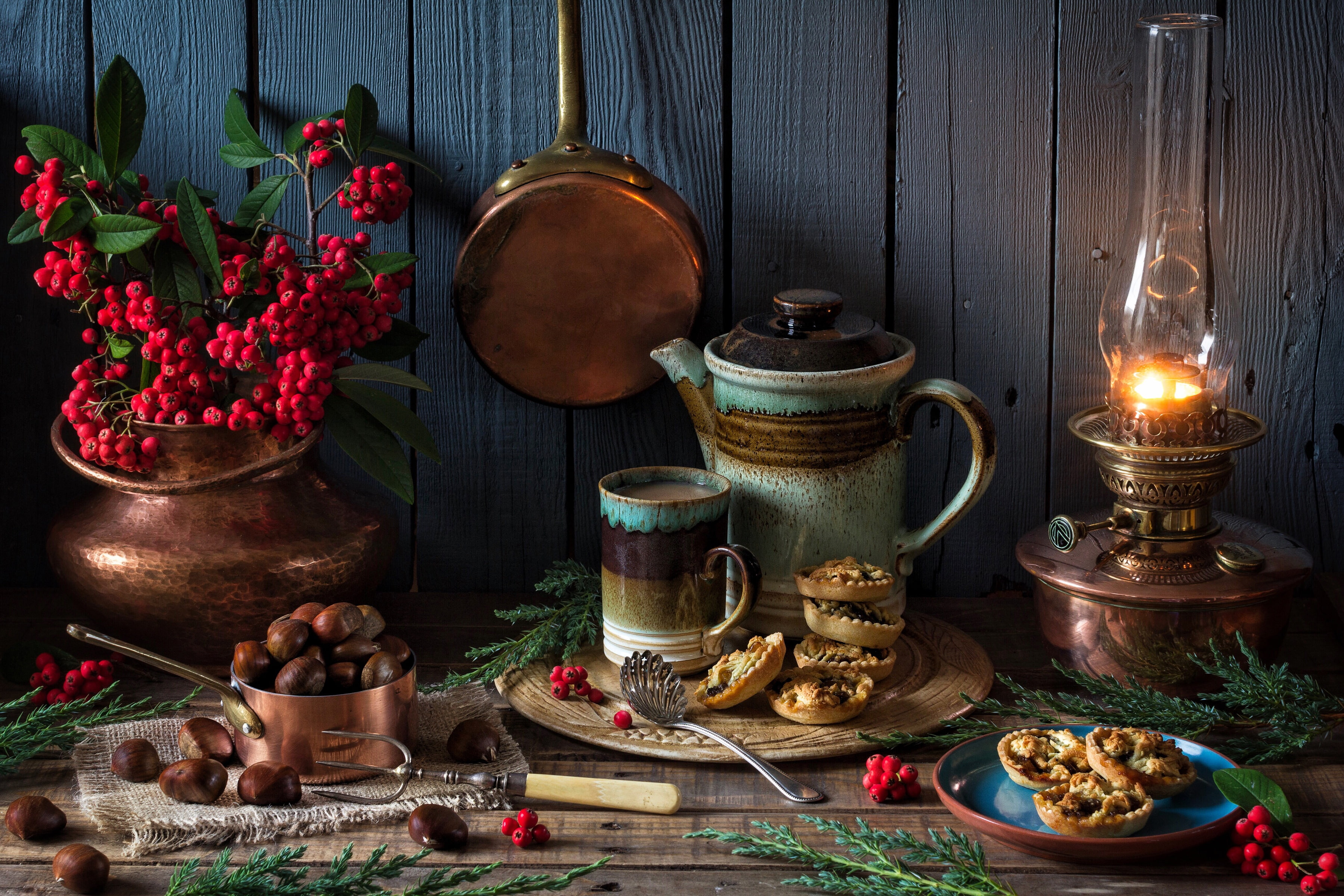 chestnuts, Christmas, style, kettle, mug, 2K, cake, berries, lamp, HD Wallpaper