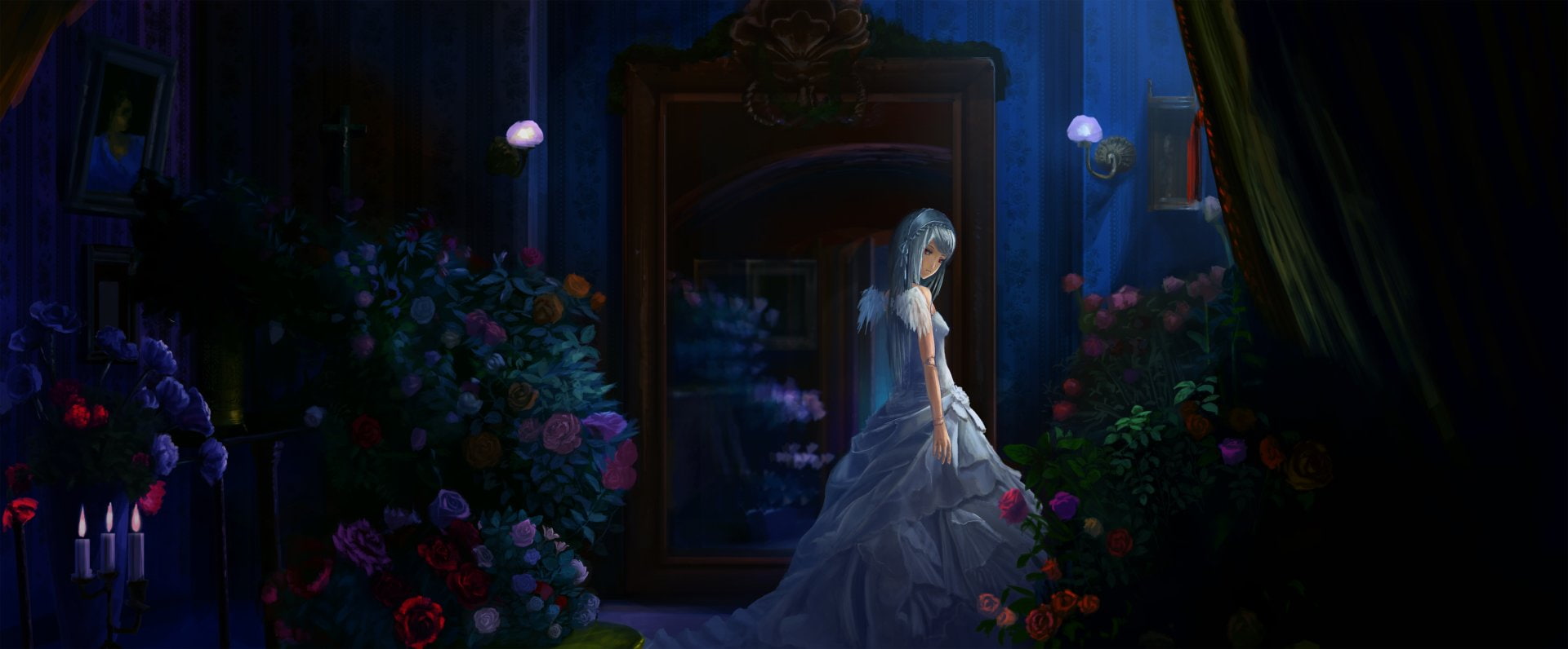 Mirror, Rose, Angel, Suigintou (Rozen Maiden), Flower, Girl, Dress, Fantasy, 1080P, Anime, Vampire, Rozen Maiden, HD Wallpaper