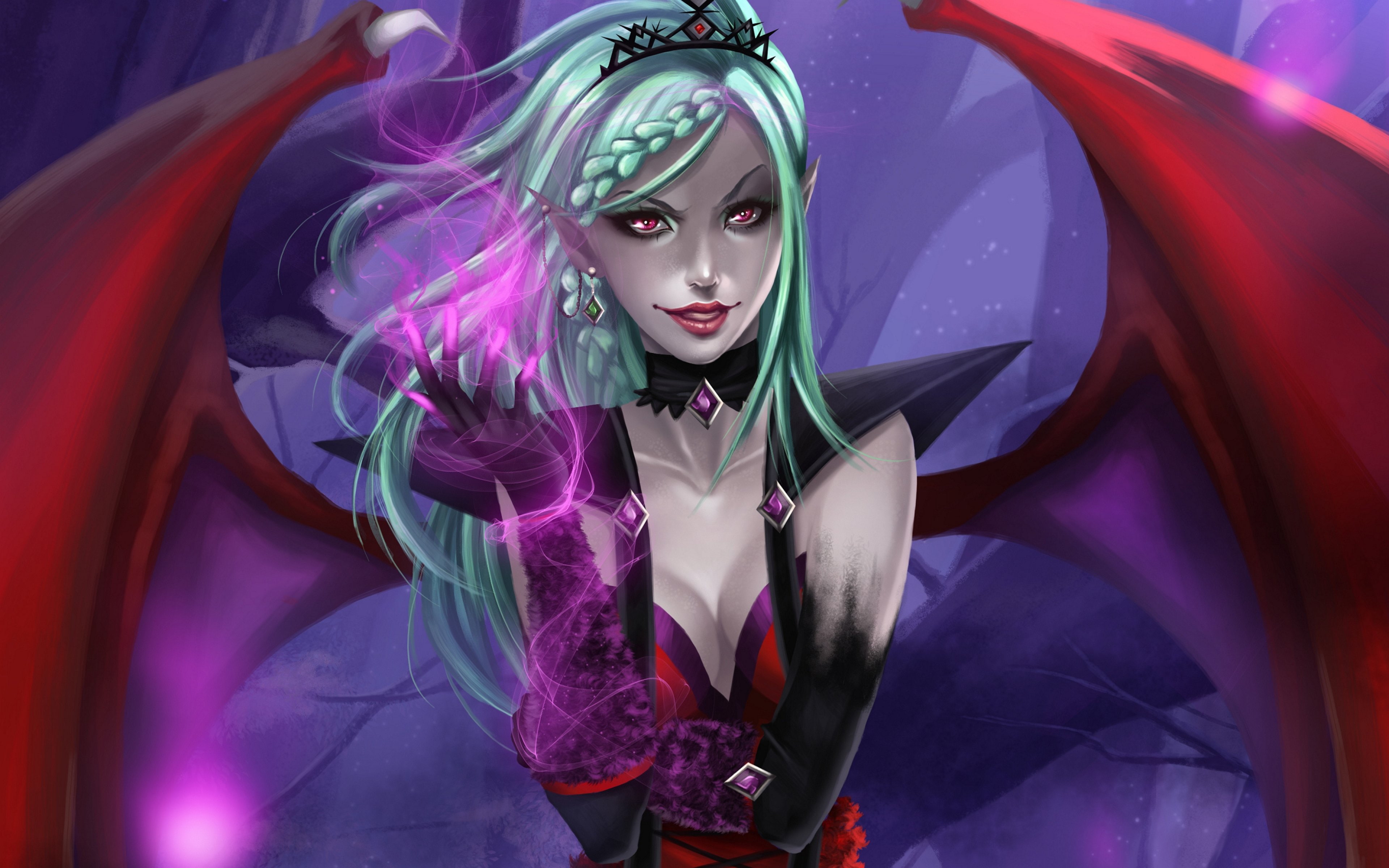 Succubus, clothing, Girls, young women, woman, dyed hair, looking at camera, fashion, beauty, girl, angel, artwork, fantasy, young adult, Dark, female, HD Wallpaper