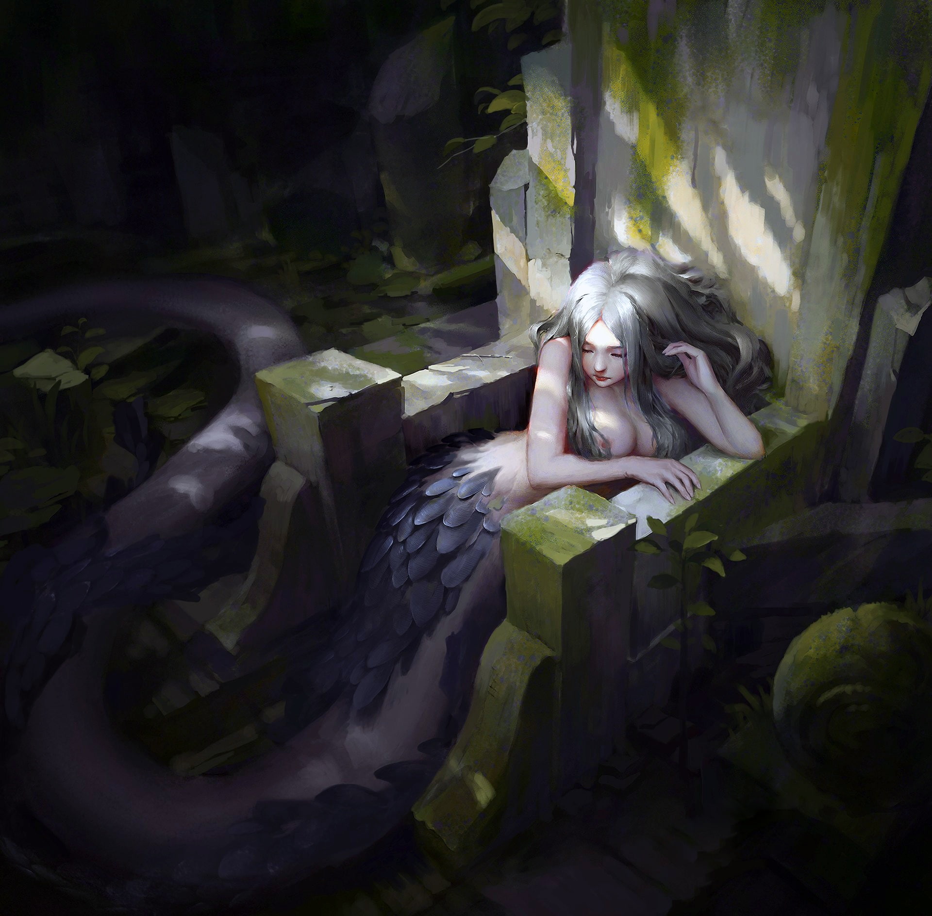 painting, artwork, girl, mood, digital art, creature, fantastic creature, sitting, fantasy, solitude, 1080P, fantasy art, Mermaid, throne, mythological creature, HD Wallpaper