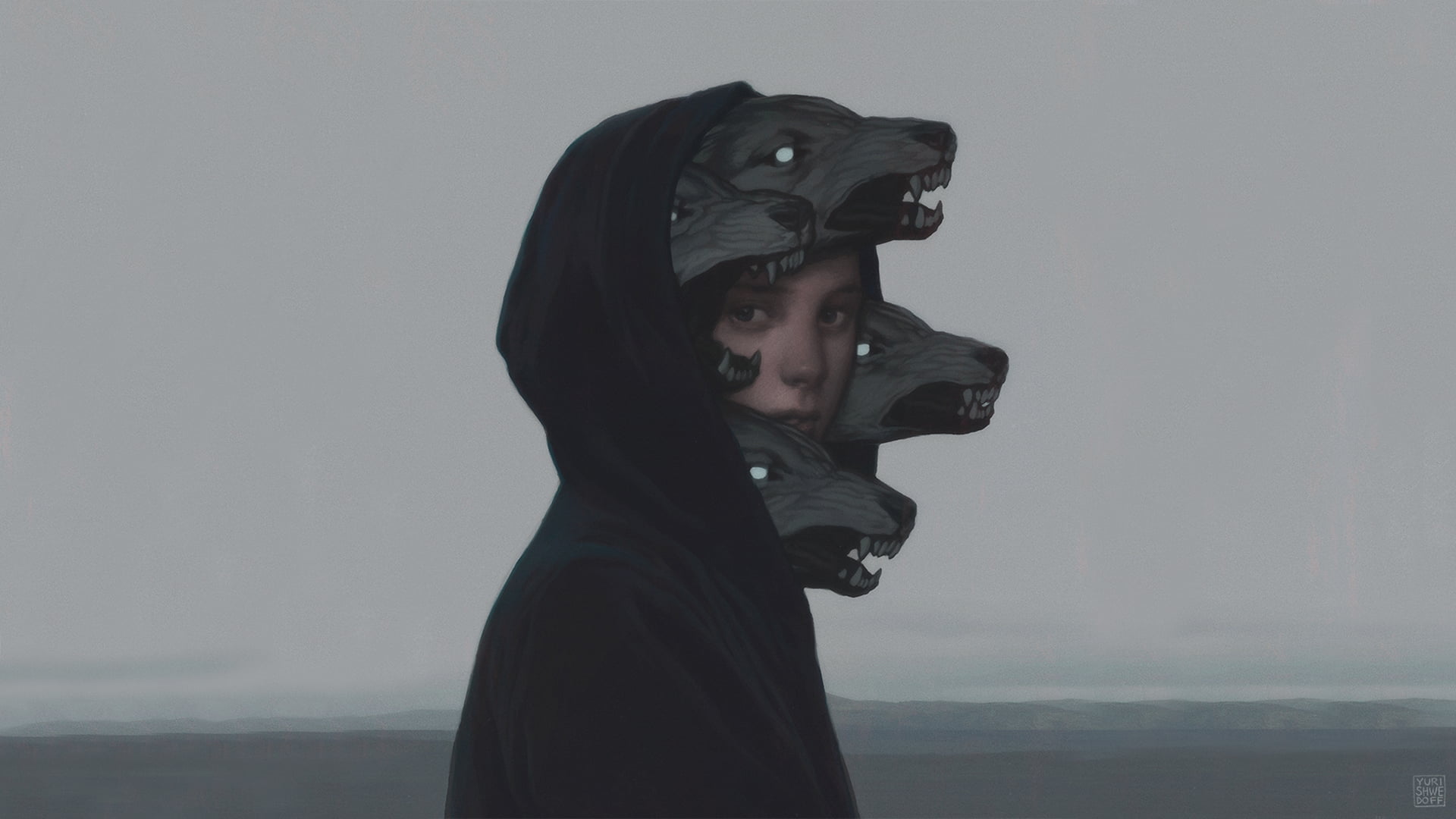 fantasy art, digital painting, digital art, wolf, sweater, face mask, sweatshirts, Yuri Shwedoff, face, grey, 1080P, HD Wallpaper