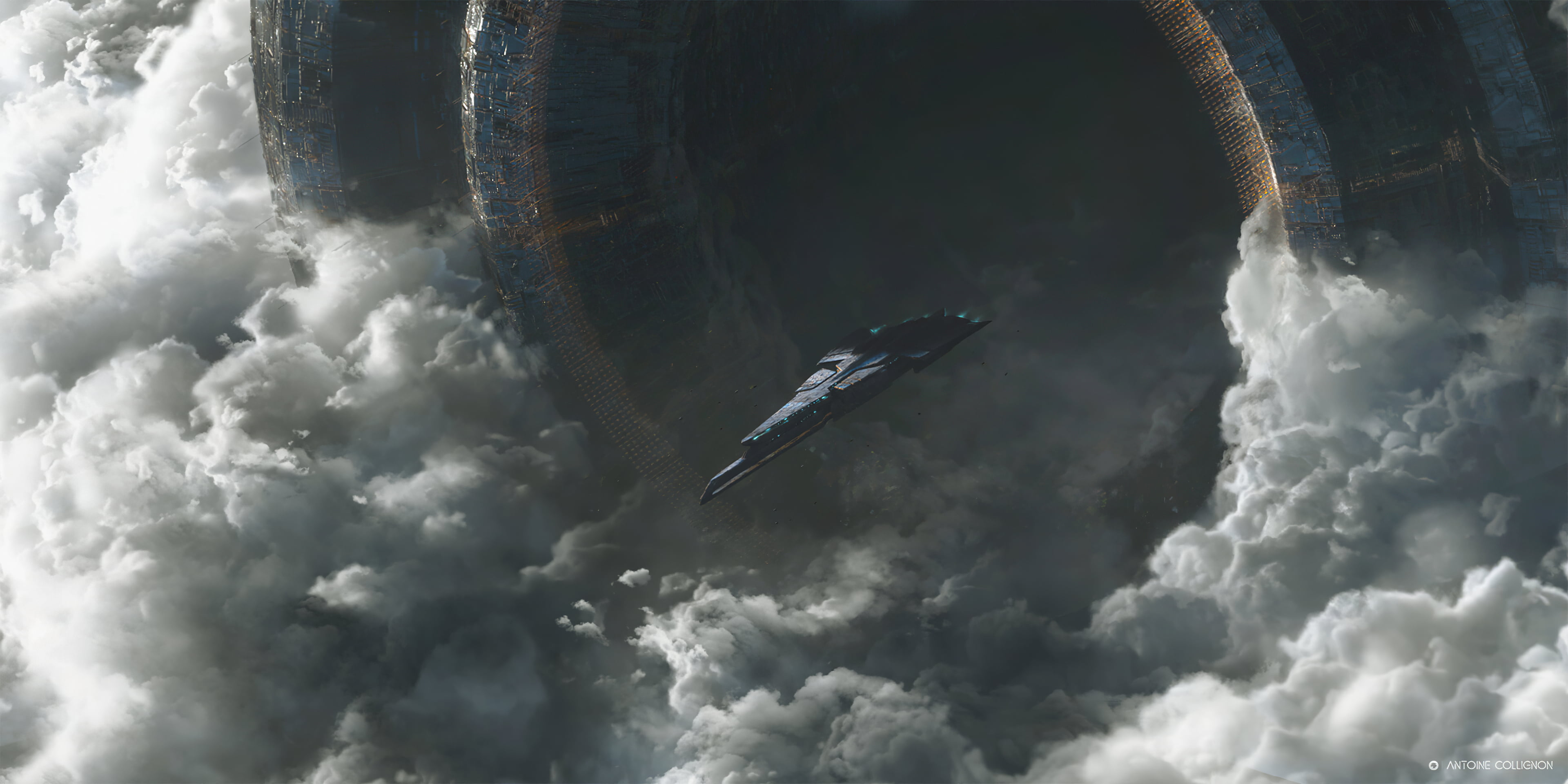 Antoine Collignon, clouds, gates, 4K, spaceship, debris, HD Wallpaper