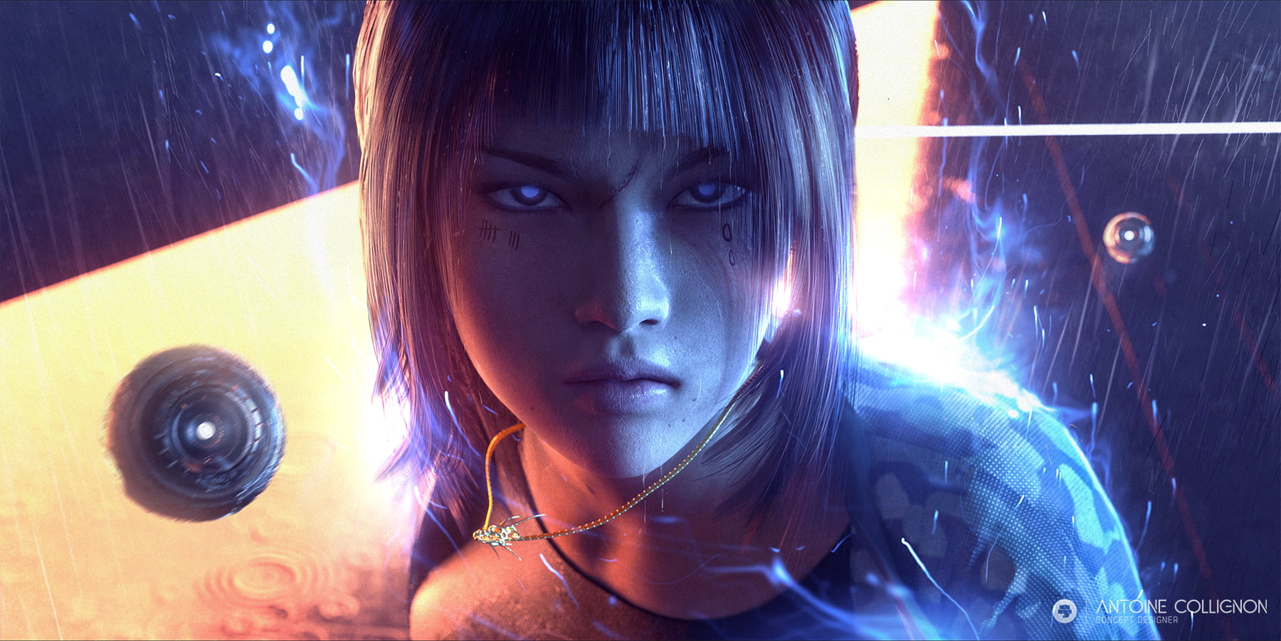 Original Characters, Hunter, 720P, science fiction, Futuristic, rain, fantasy Art, Antoine Collignon, Short Hair, pendant, digital art, Blue Hair, blue eyes, HD Wallpaper