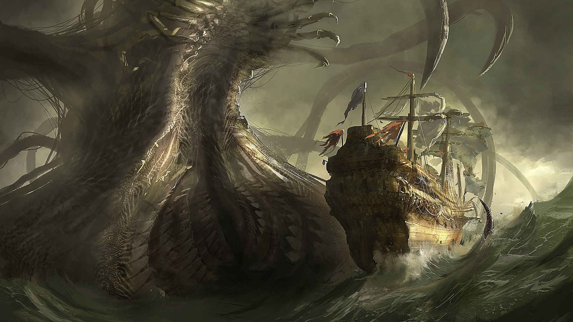 fantasy Art, sea, 1080P, science fiction, Open Mouth, Pirates Of The Caribbean: The Curse Of The Black Pearl, digital art, Kraken, waves, artwork, Pixelated, HD Wallpaper