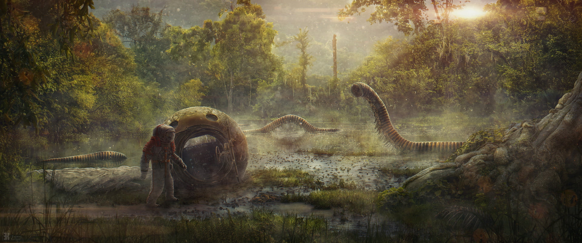 creature, science fiction, ArtStation, plants, 1080P, animals, astronaut, artwork, nature, HD Wallpaper