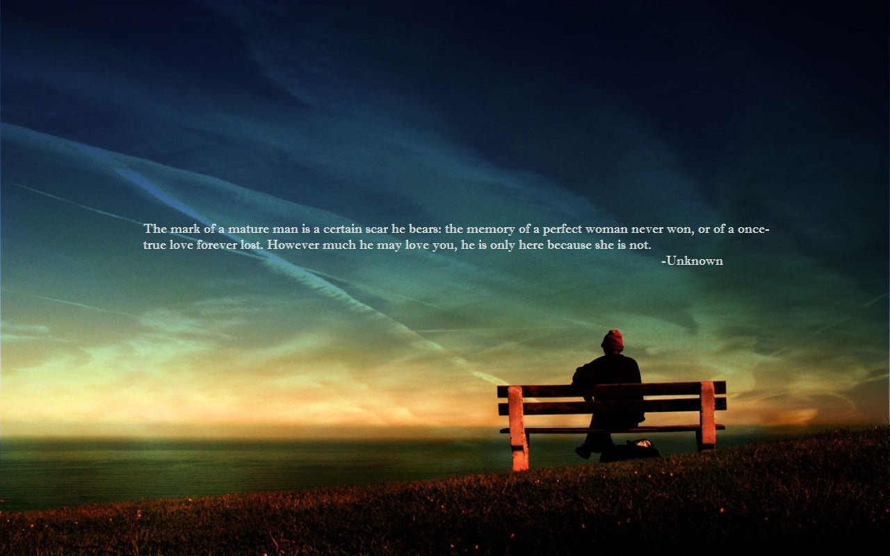 quote, sitting, bench, brown, black, solitude, men, adult, text, one person, beauty in nature, cloud - sky, rear view, sky, nature, land, wooden, lifestyles, HD Wallpaper