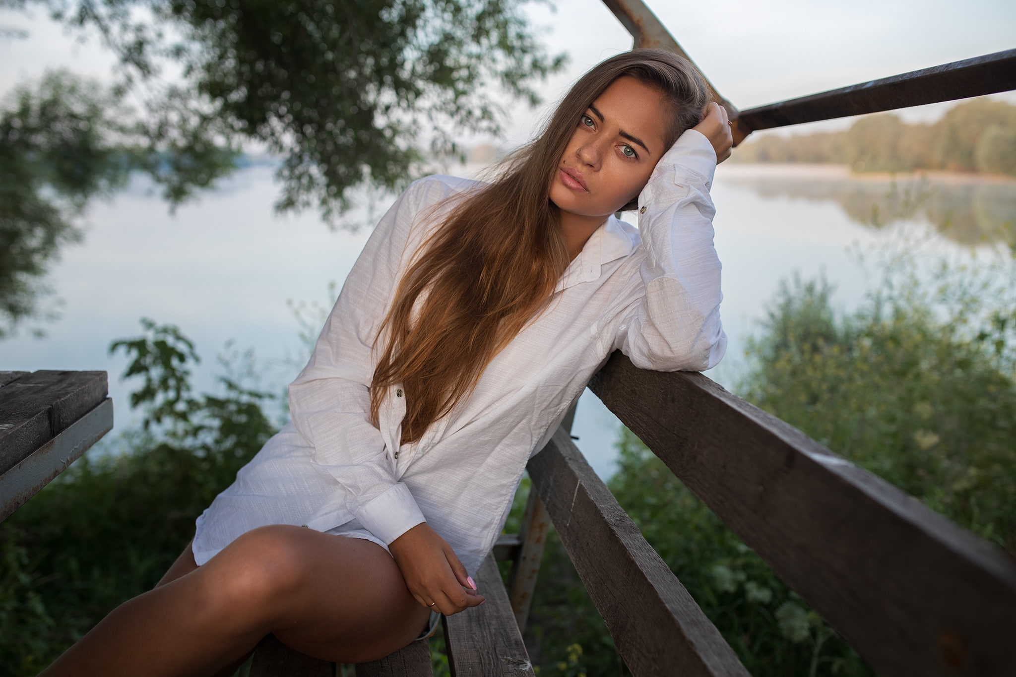lake, 1080P, depth of field, bench, women outdoors, short shorts, looking at viewer, women, outdoors, model, portrait, sitting, Dmitry Shulgin, long hair, HD Wallpaper