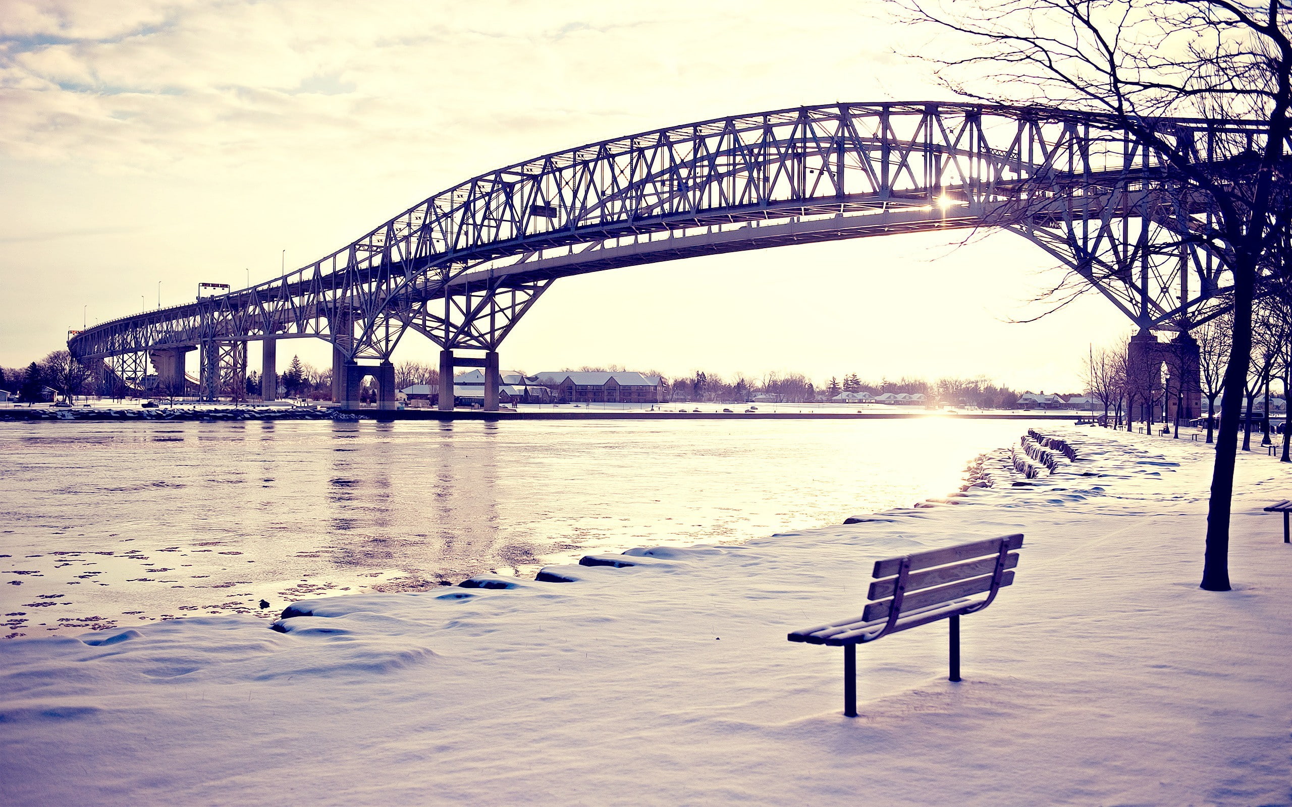 winter, photography, no people, bridge, river, bench, water, arch, nature, sunlight, transportation, day, bridge - man made structure, outdoors, city, architecture, HD Wallpaper