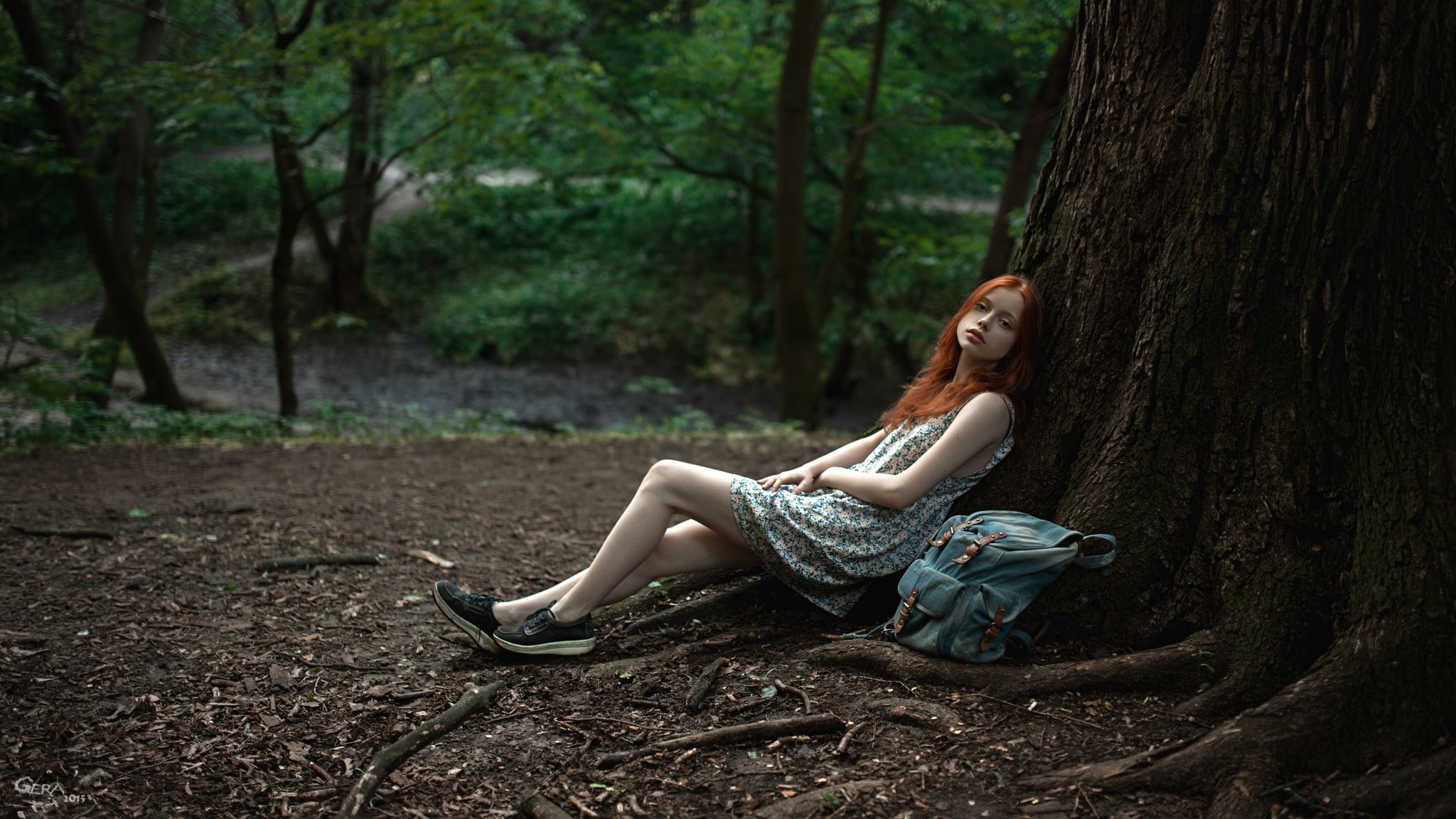 land, dress, casual clothing, legs, lifestyles, forest, nature, tree, women outdoors, white, trunk, woman, sleeveless, redhead, women, woodland, full length, HD Wallpaper