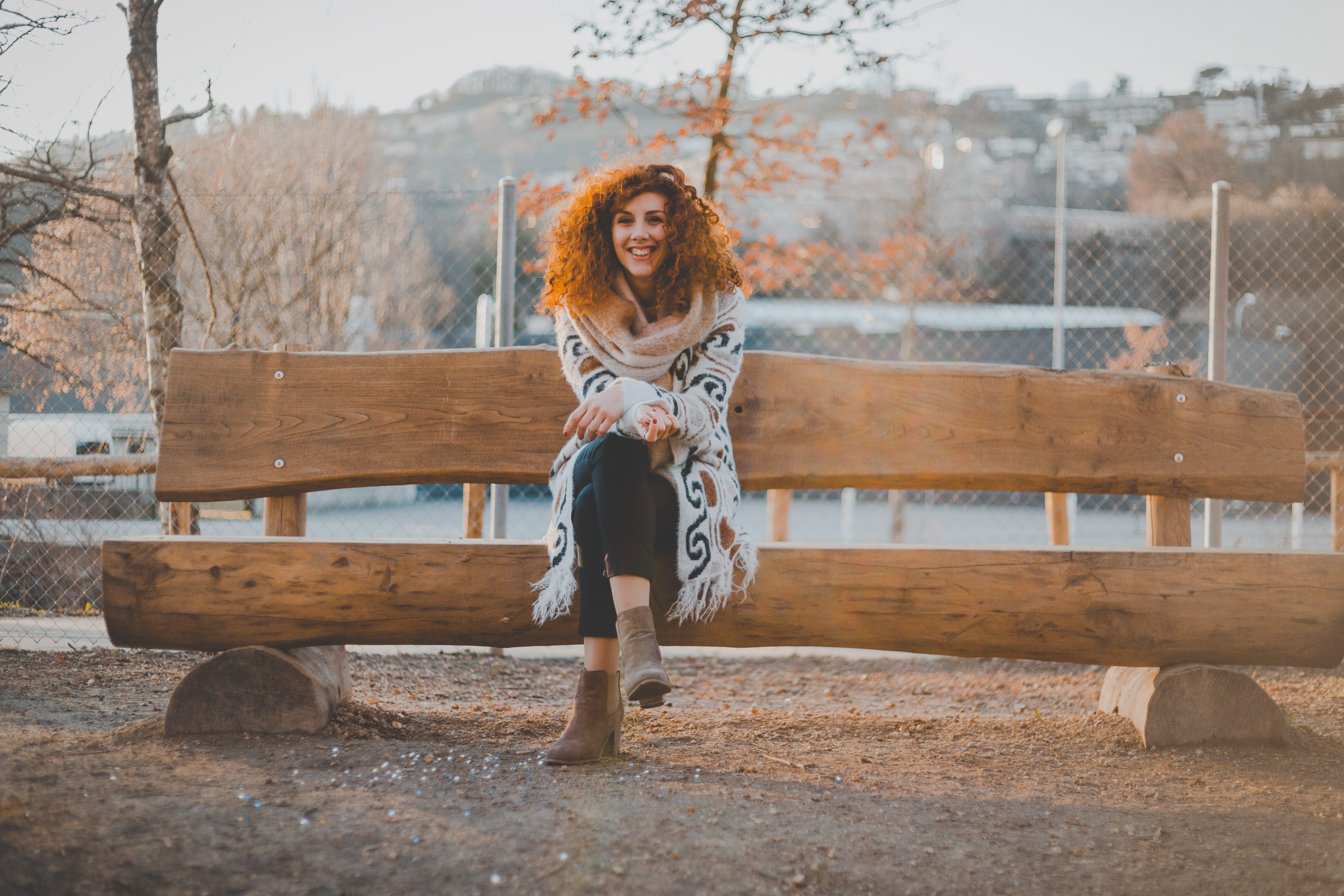 smiling, sit, scarf, wearing, portrait, adult, one person, outdoors, person, wear, looking at camera, hairstyle, seat, women, lifestyles, leisure activity, HD Wallpaper