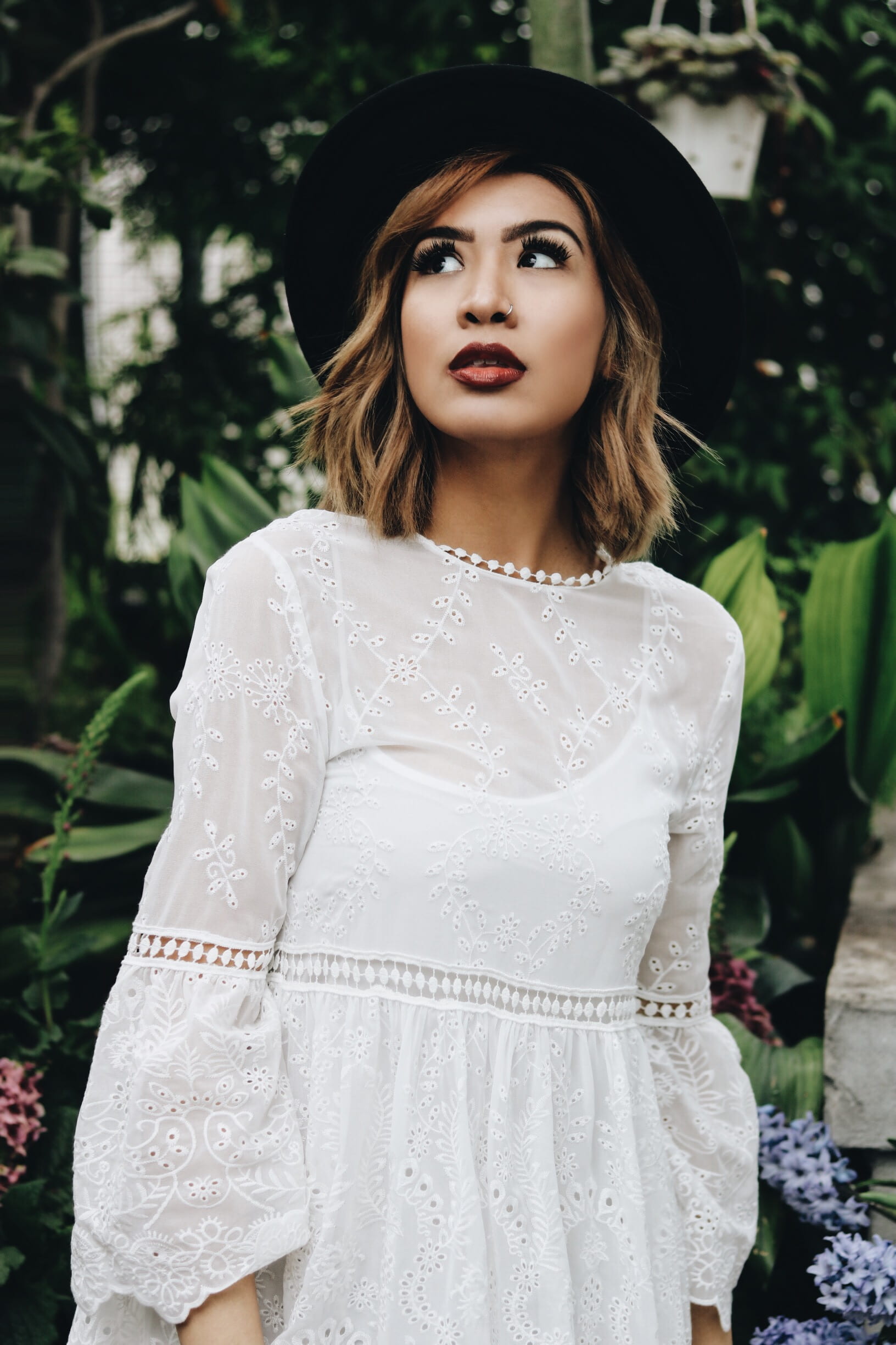 one person, beauty, lifestyles, floral, leaf, young adult, fashion, long, near, young, standing, teen, style, plant, clothing, hair, nose ring, 1080P, Phone HD Wallpaper