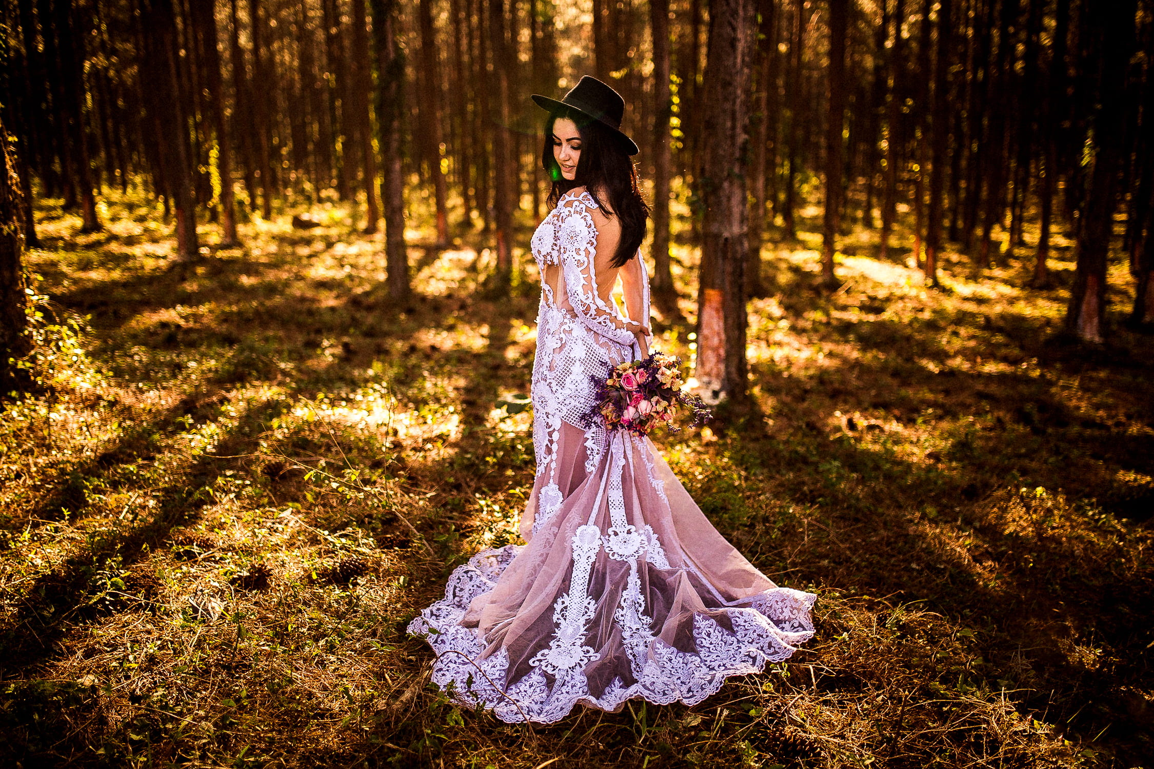 hair, beauty, brown, nature, dress, woman, female, 1080P, full length, grey, women, one person, middle, bouquet, wearing, adult, lace, woodland, beautiful woman, HD Wallpaper