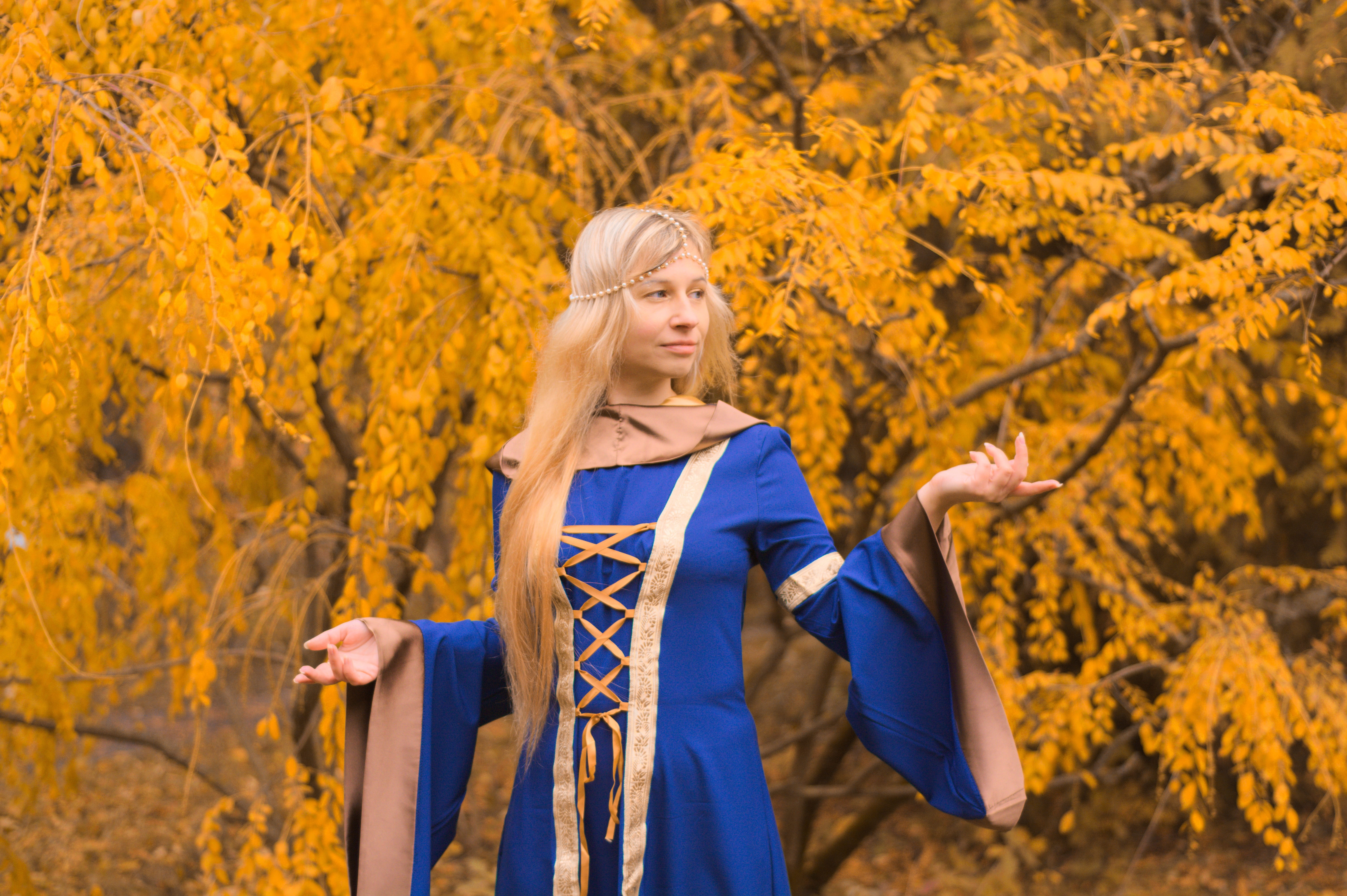 antiquity, front, blue, herbalist, leaf, witch, land, hair, fairy forest, medieval way, autumn, magic forest, fairy, woman, wearing, leafed, clothing, heathenism, HD Wallpaper
