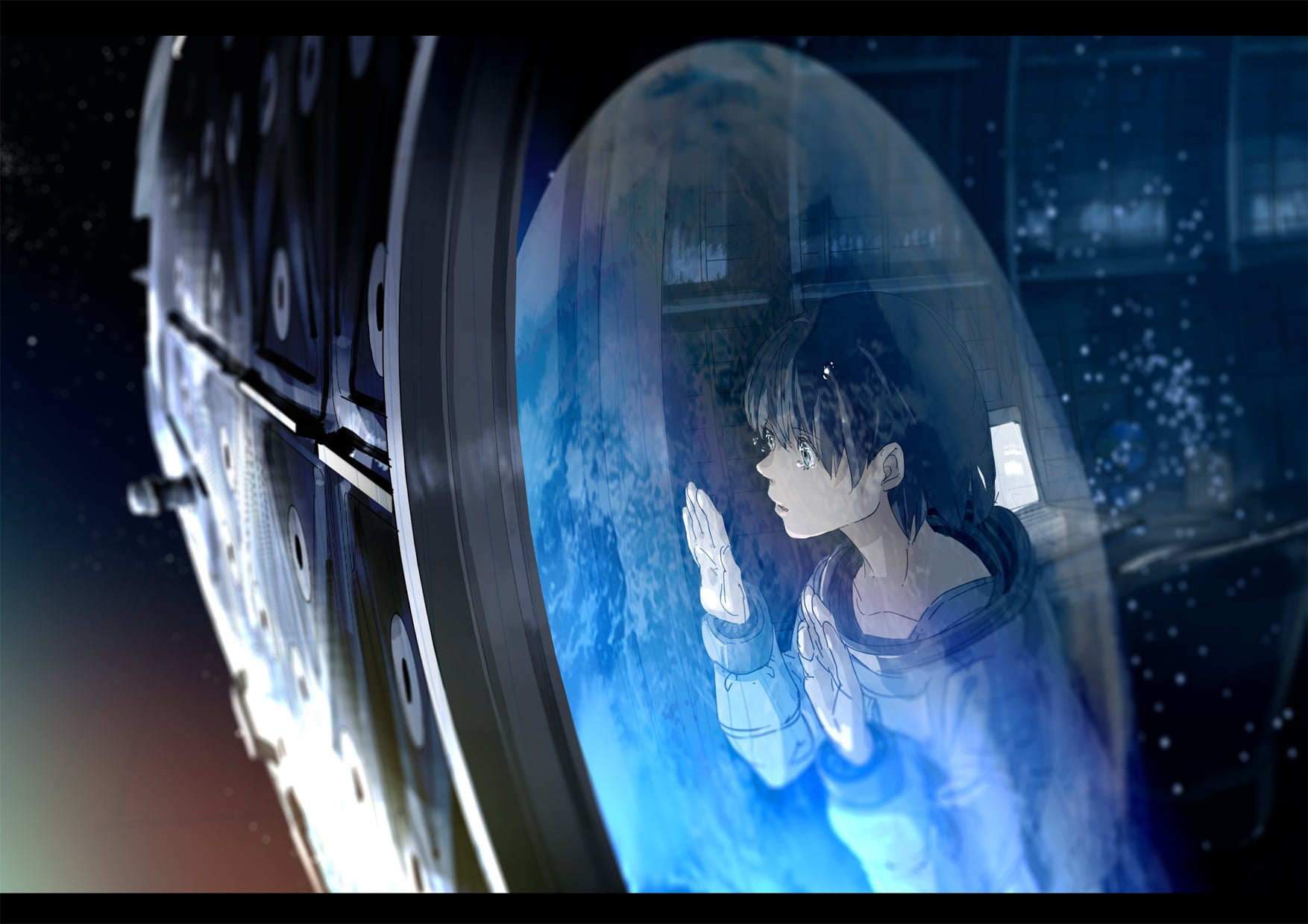 green eyes, window, glass - material, looking, transparent, men, headshot, nature, short hair, Earth, landscape, anime, spaceship, indoors, women, character, HD Wallpaper