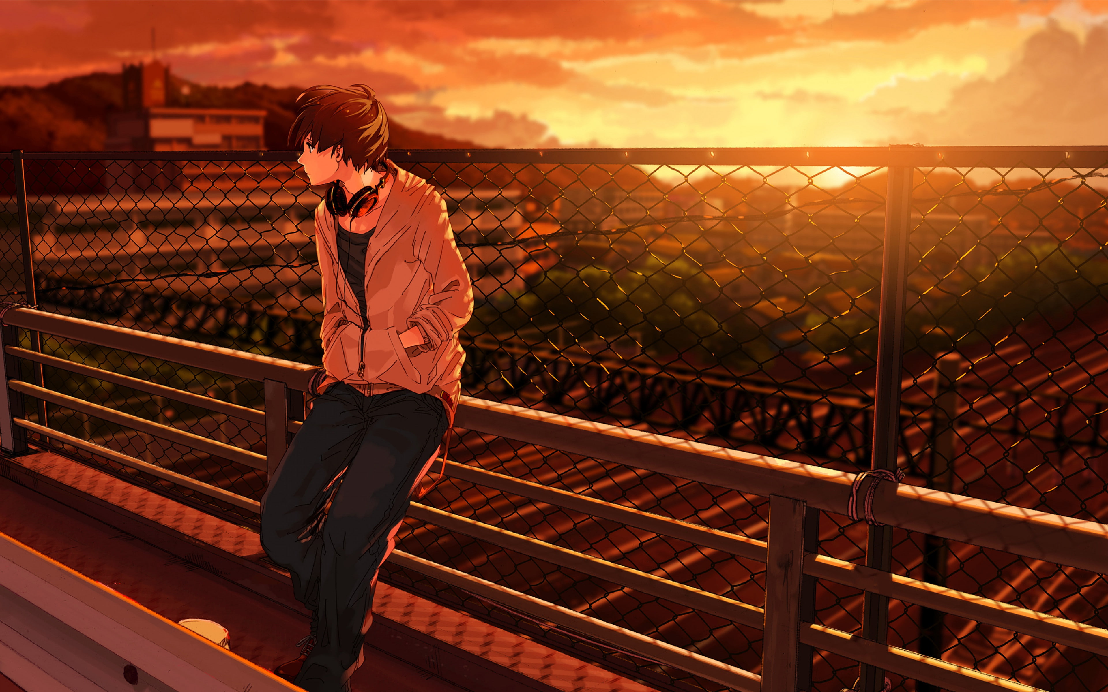kurono-kuro, guy backgrounds, bridge, 4K, Headphones, sunset, HD Wallpaper