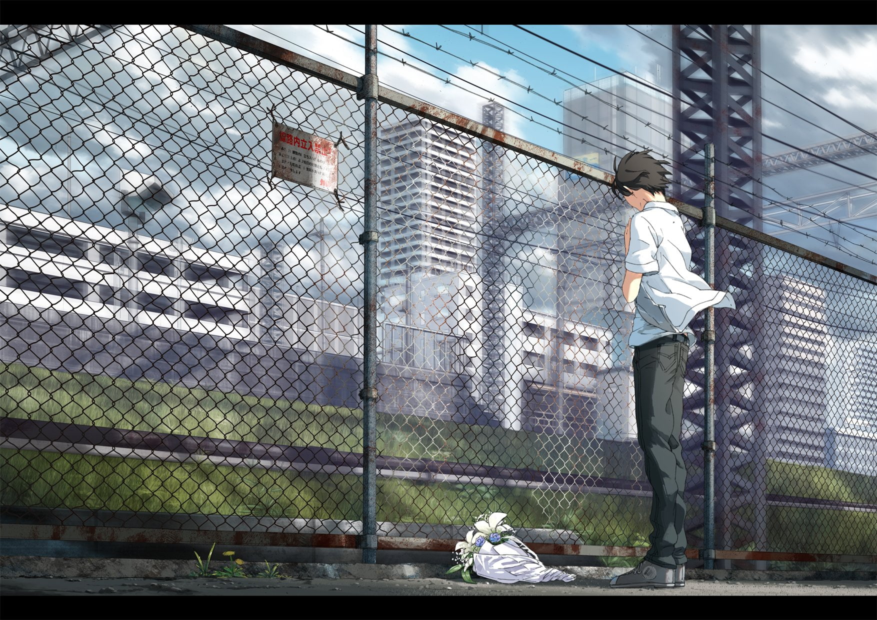 reta, short, original, hair, building, koko, grass, kurono kuro, tatoeba, ima, oka, flowers, hana, city, vocaloid, 720P, HD Wallpaper