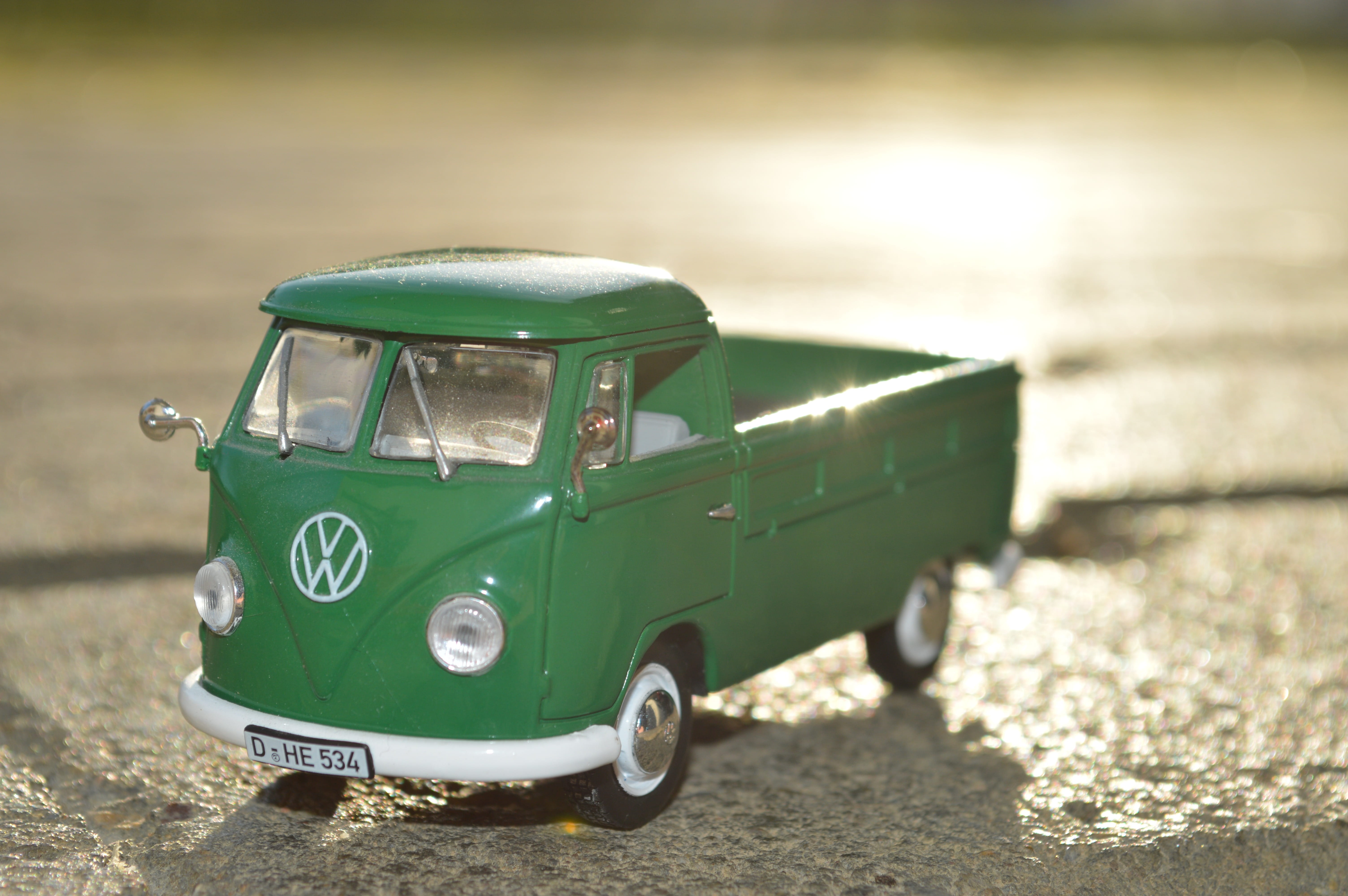 no people, vw, Volkswagen, field, toys, street, 5K, vehicle, toy, truck, focus on foreground, retro styled, motor vehicle, toy car, green, auto, shadow, HD Wallpaper