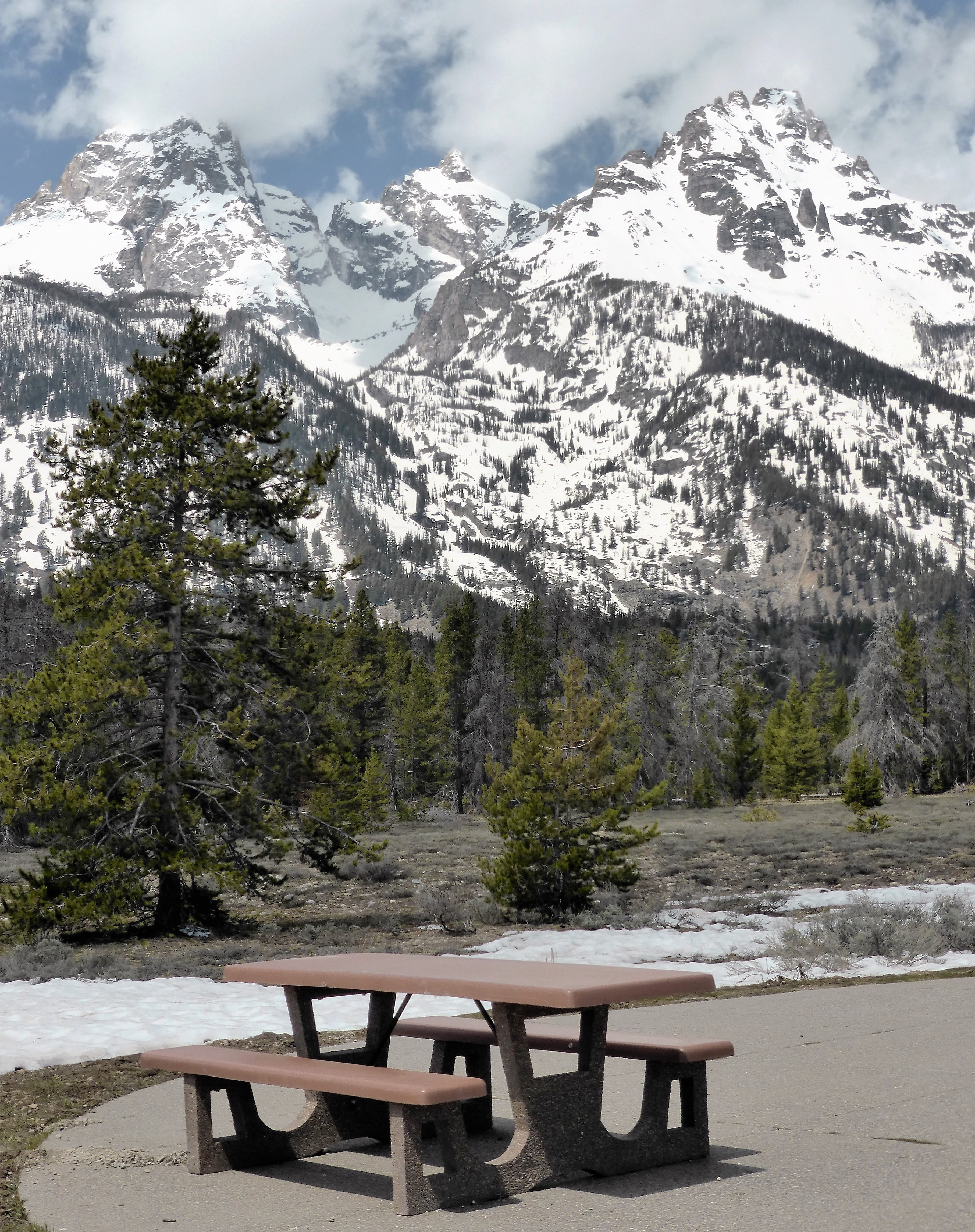 idyllic, scenics - nature, 4K, table, Picnic, no people, seat, snowcapped mountain, national park, grand teton, Landscape, usa, beauty in nature, nature, Phone HD Wallpaper