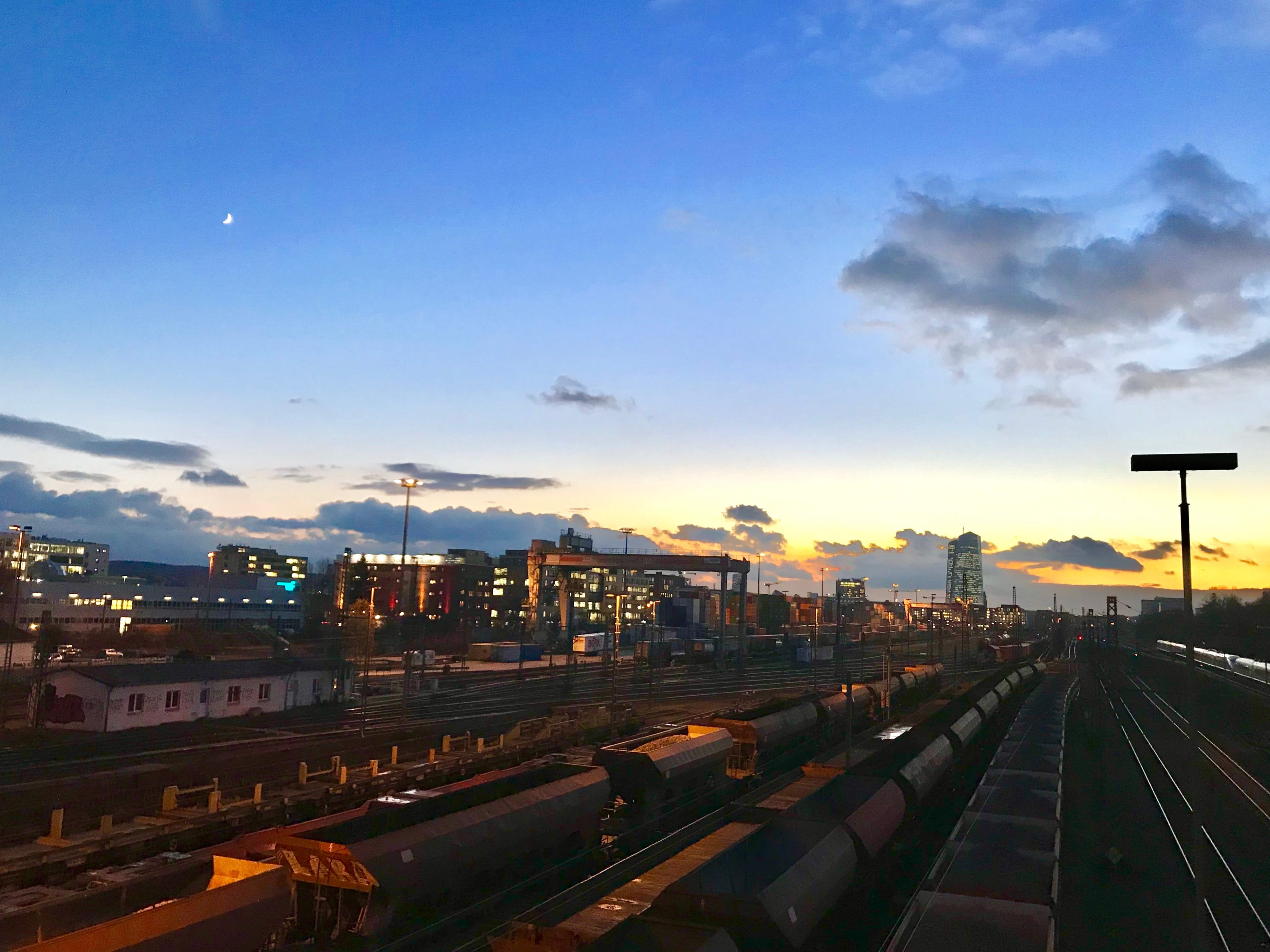 cloud, route, traffic, public transportation, car, blue, rail, cityscape, transportation, outdoors, train, railroad station, built structure, rails, architecture, HD Wallpaper