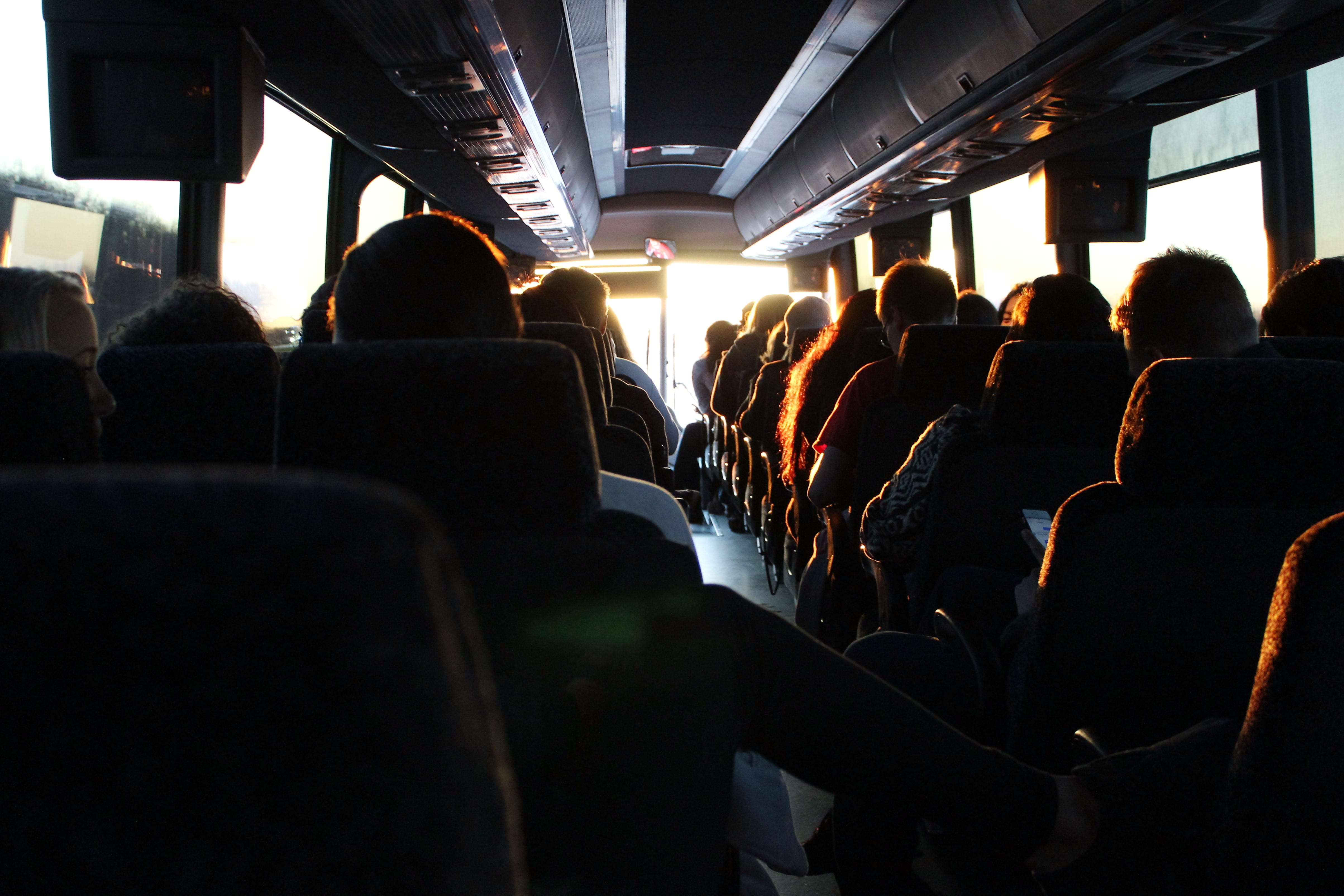 4K, sitting, bus, light, adult, passenger, rear view, men, waiting, vehicle, journey, seat, group of people, riding, sunlight, vehicle interior, women, HD Wallpaper