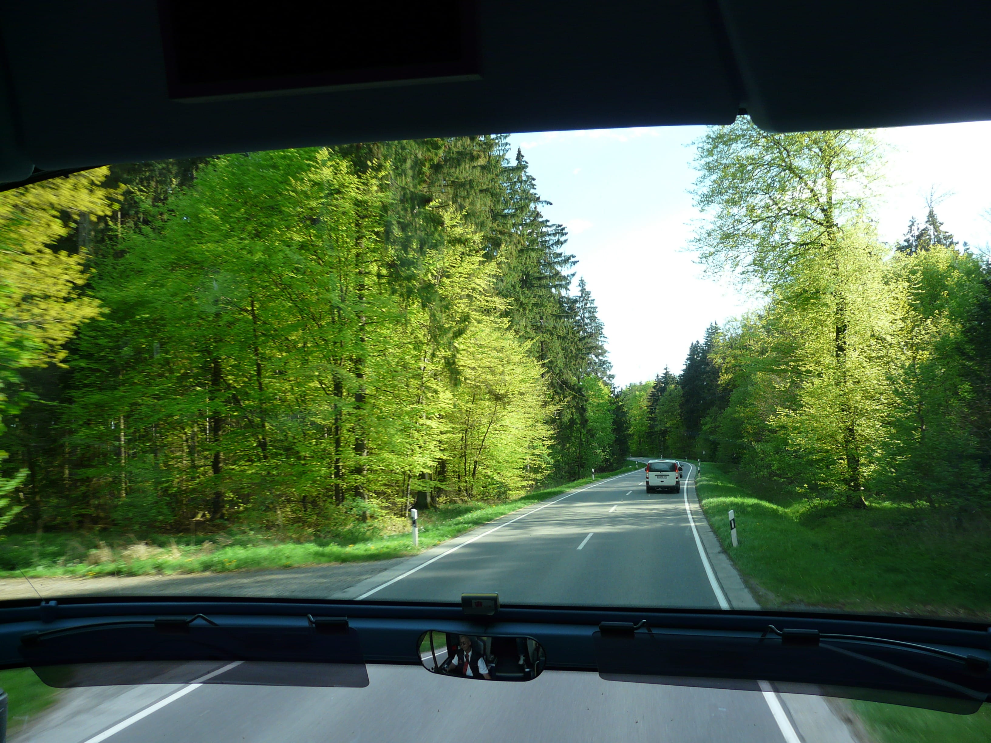 vehicles, bus ride, vehicle interior, on the move, overview, highway, windshield, trees, car interior, 2K, tree, land vehicle, Bus, plant, Road, motor vehicle, HD Wallpaper